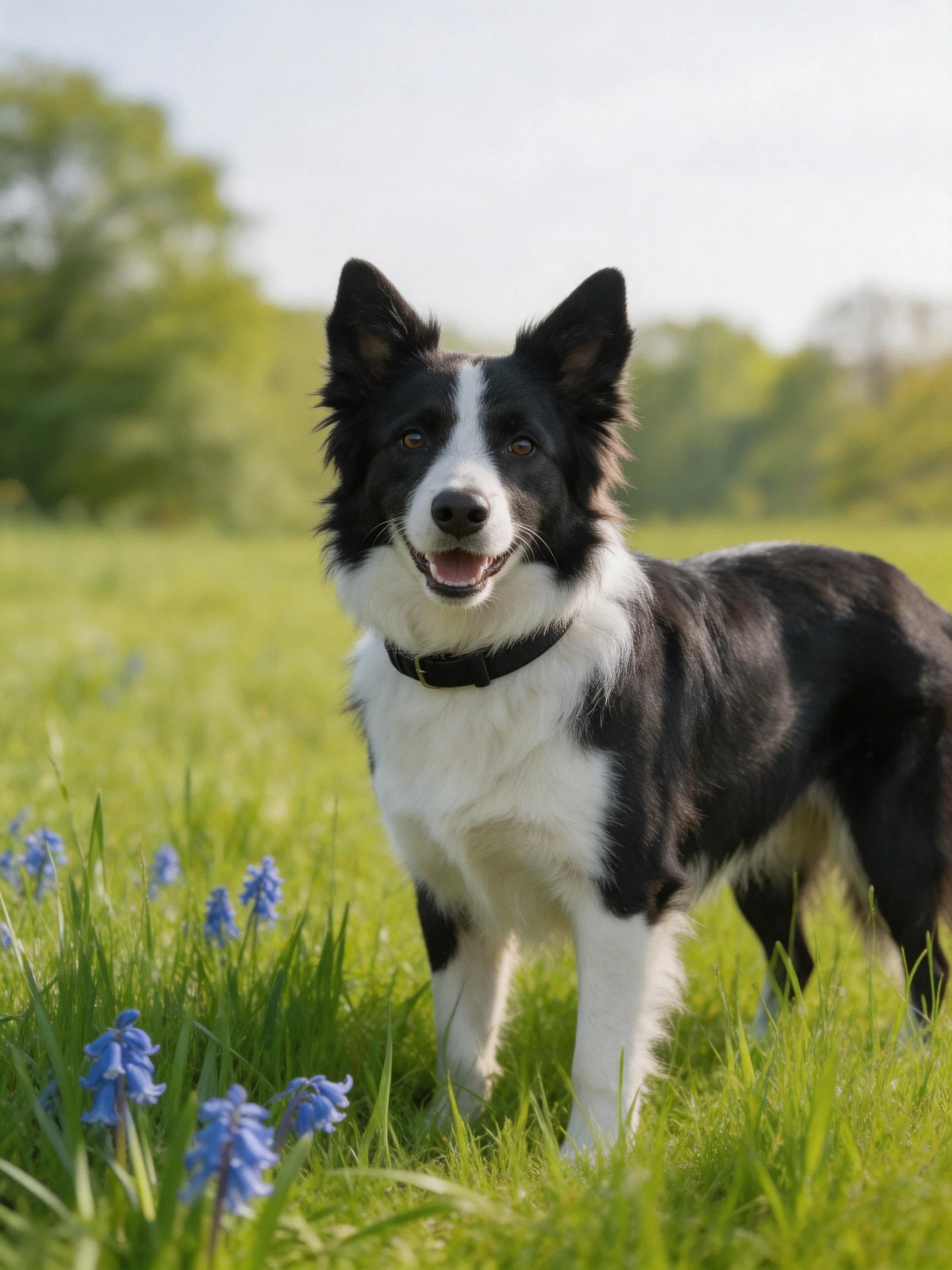 A black and white Border Collie stands in a grassy meadow with blue flowers.