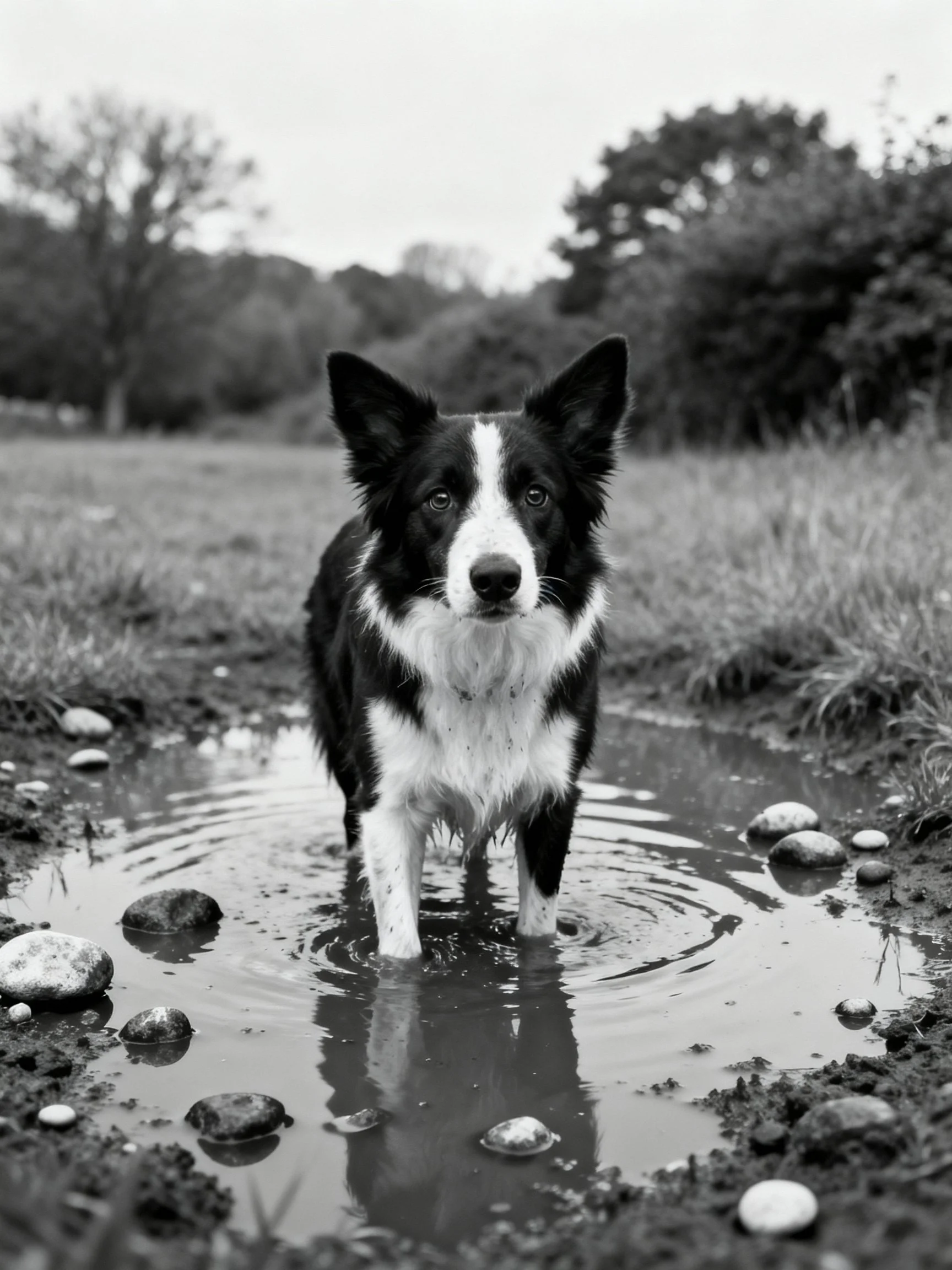 A black and white dog stands in a muddy outdoor puddle.