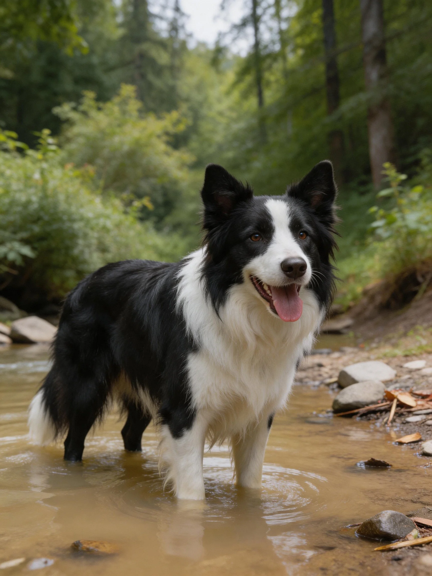 A black and white Border Collie stands in a shallow forest stream.