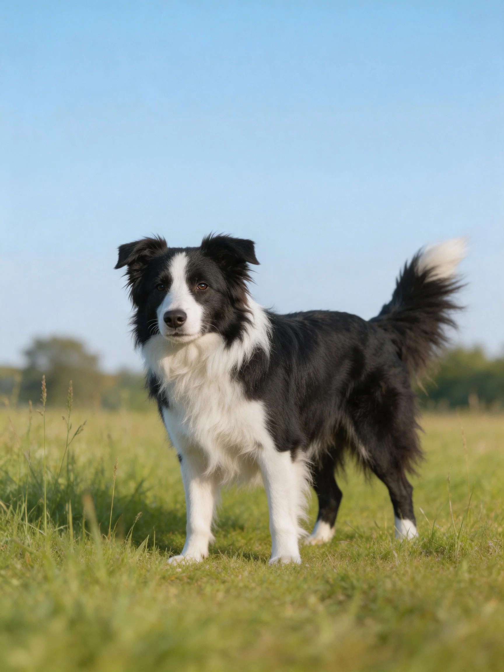 A black and white Border Collie stands alertly in an open grassy field under a clear blue sky.