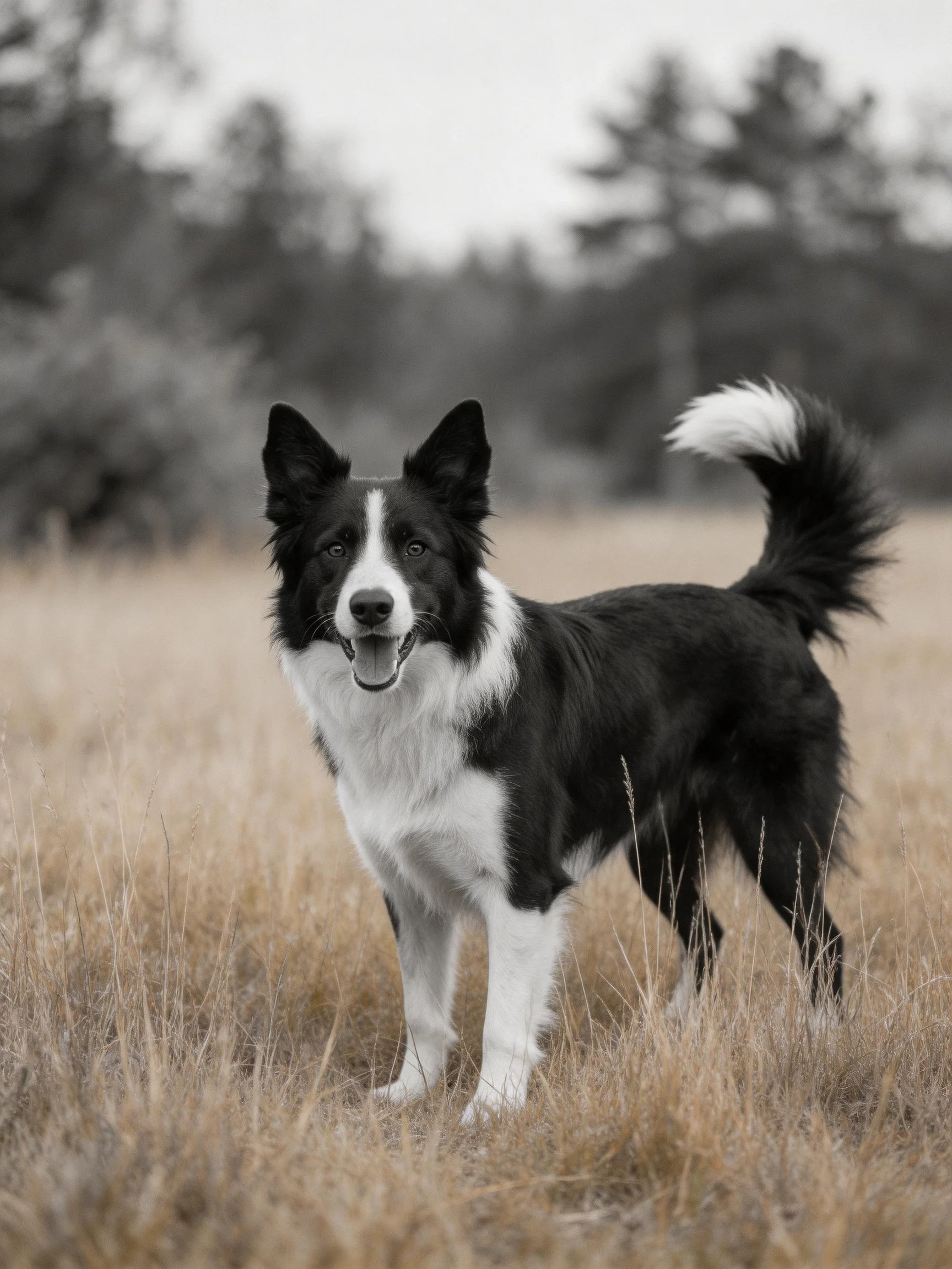 A black and white Border Collie stands in a field with blurred trees in the background.