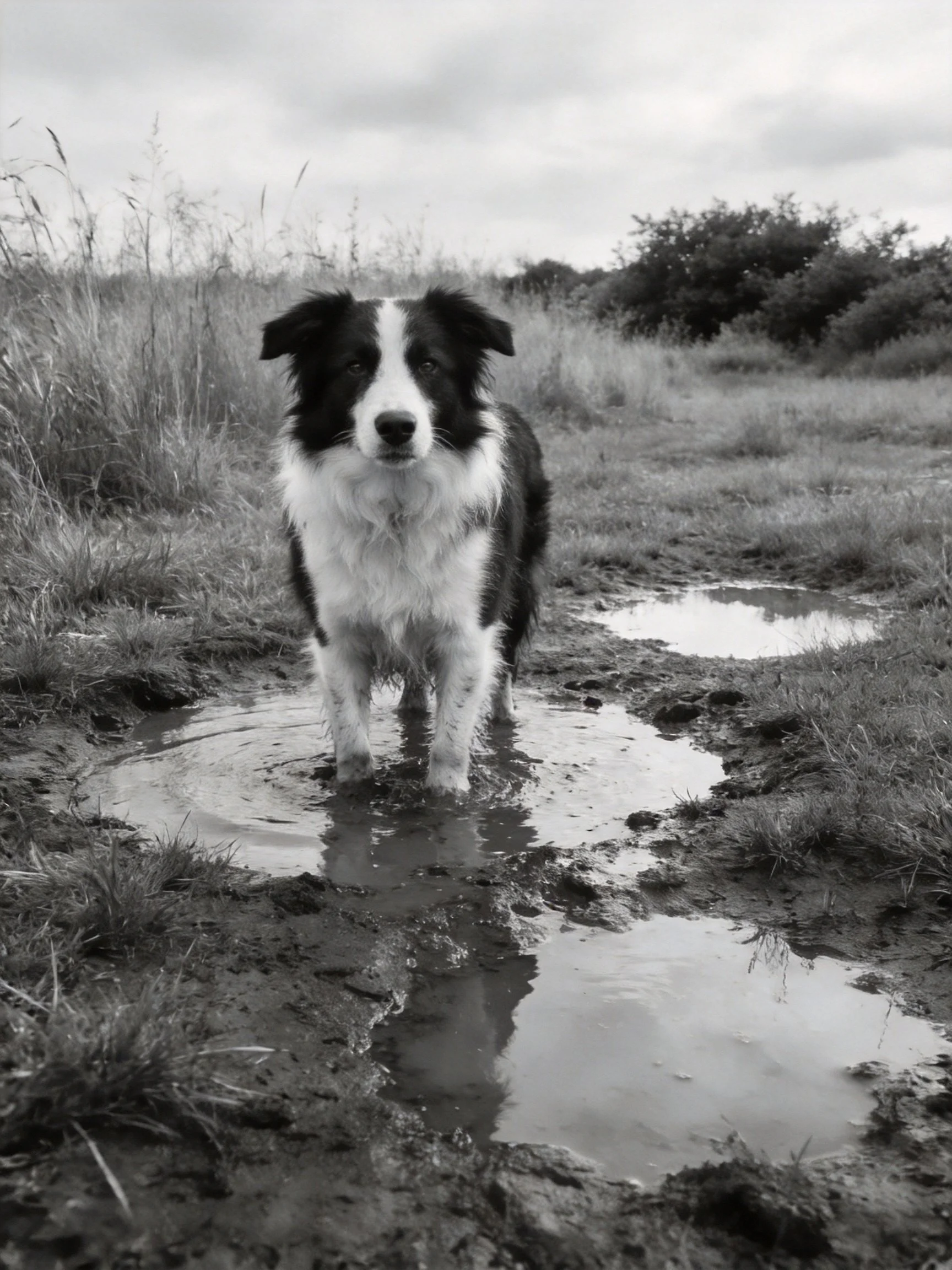 A black and white Border Collie stands in muddy terrain with nearby puddles