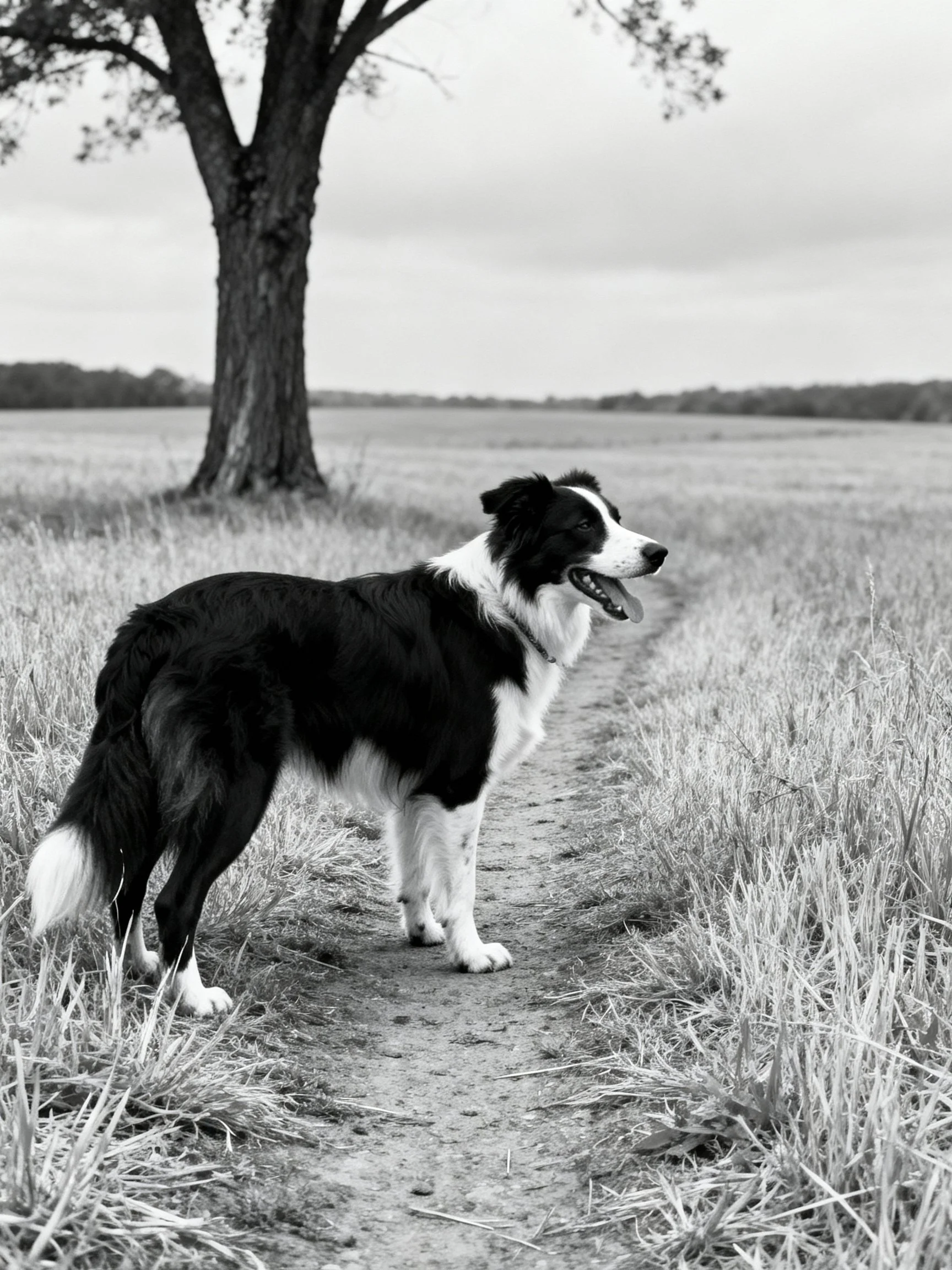 A black and white Border Collie stands on a dirt path in a grassy field with a tree.