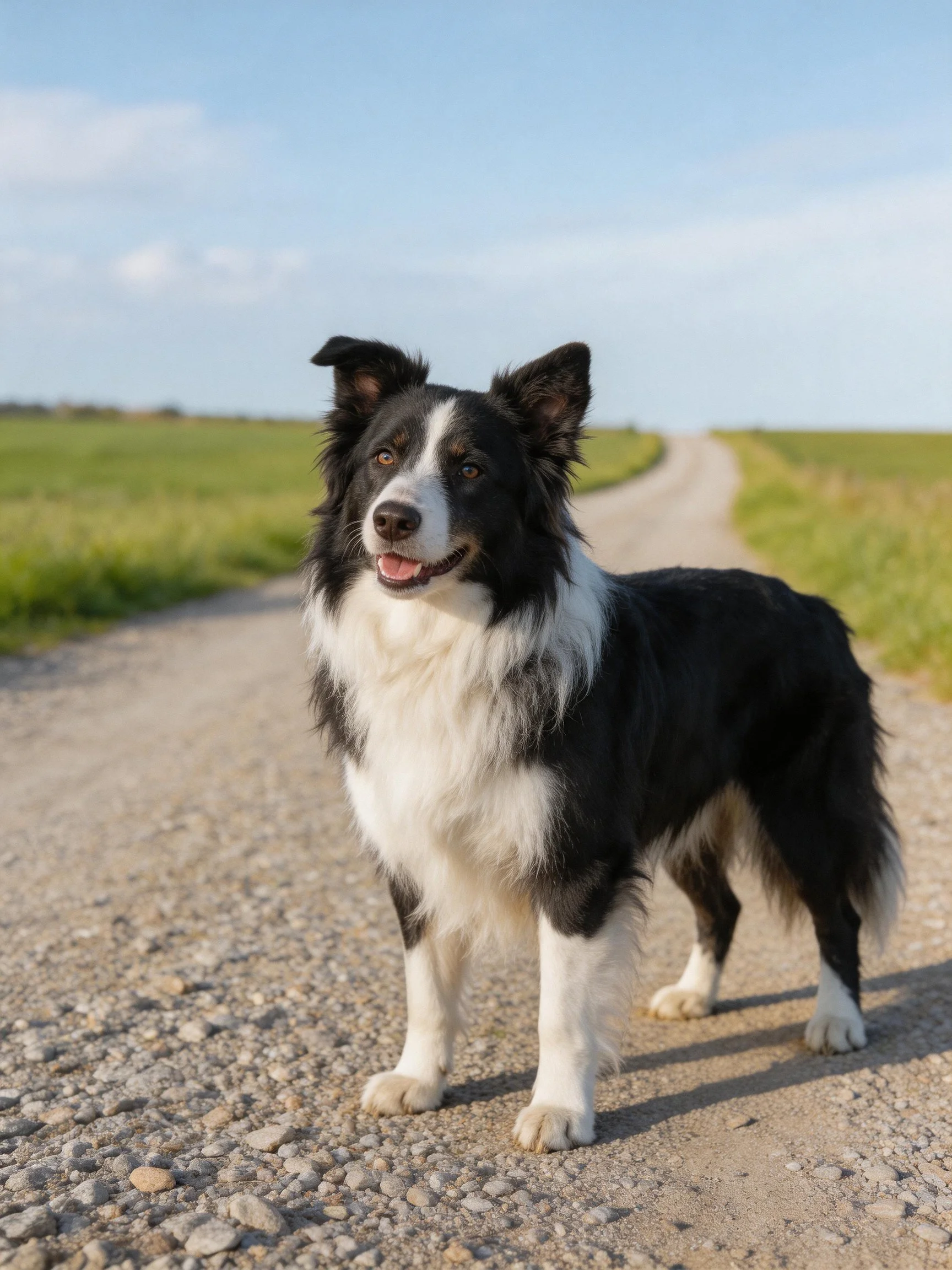 A black and white Border Collie stands on a gravel path amid open green fields.
