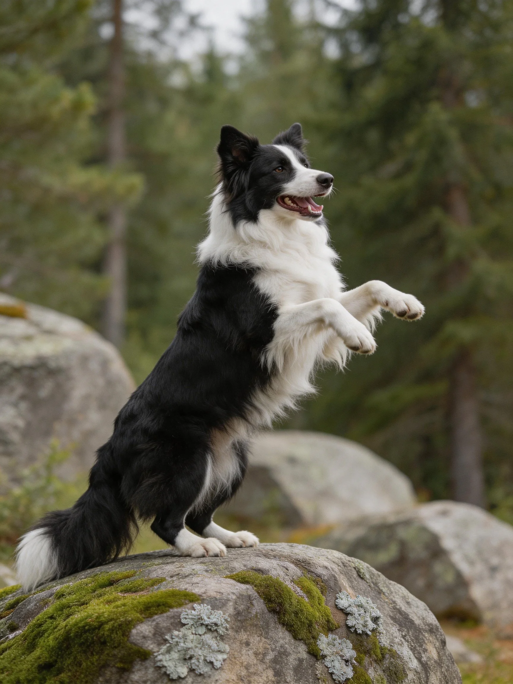 A black and white Border Collie stands on a mossy rock surrounded by trees.