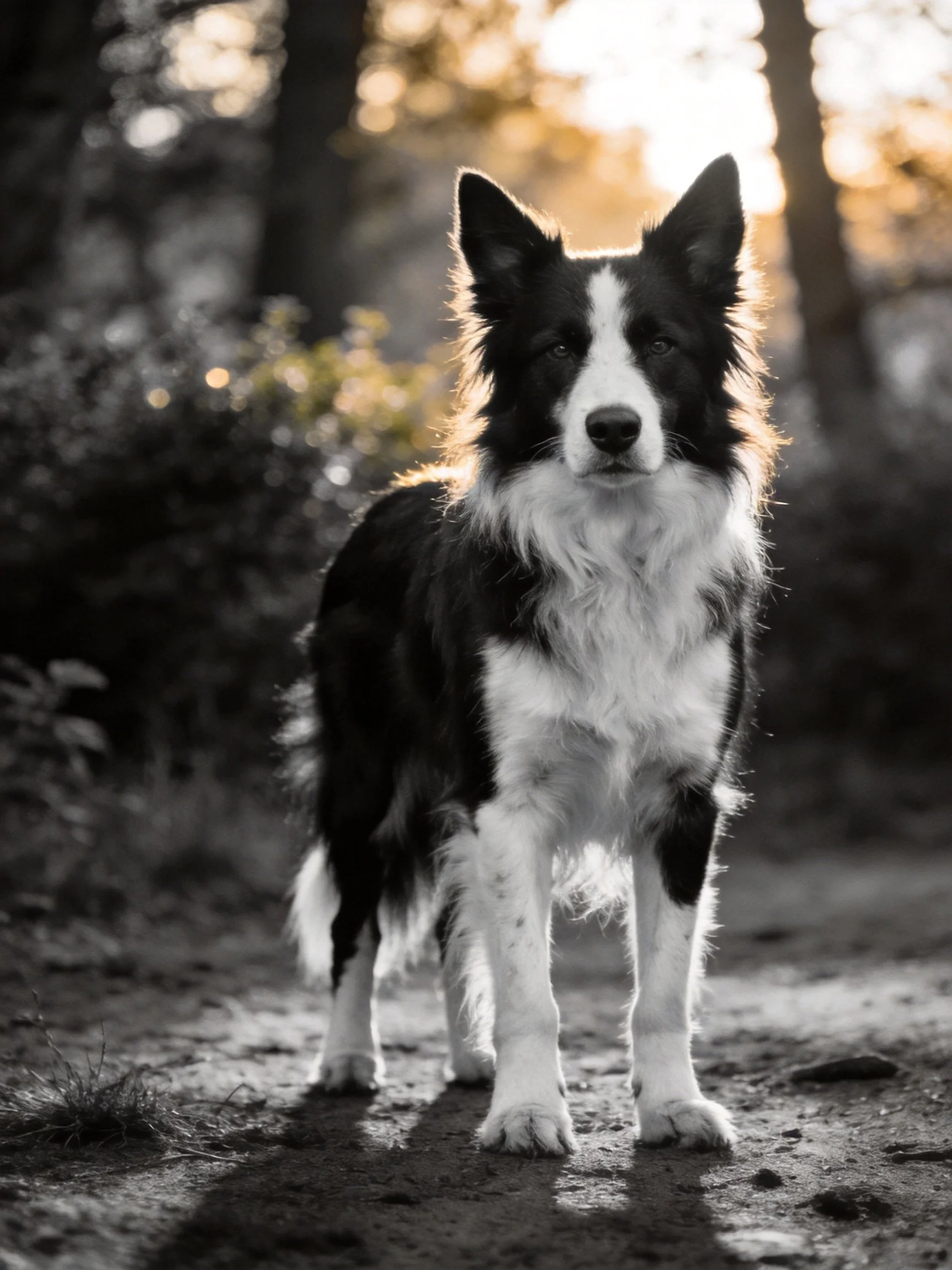 A black and white Border Collie stands alertly in a sunlit forest.
