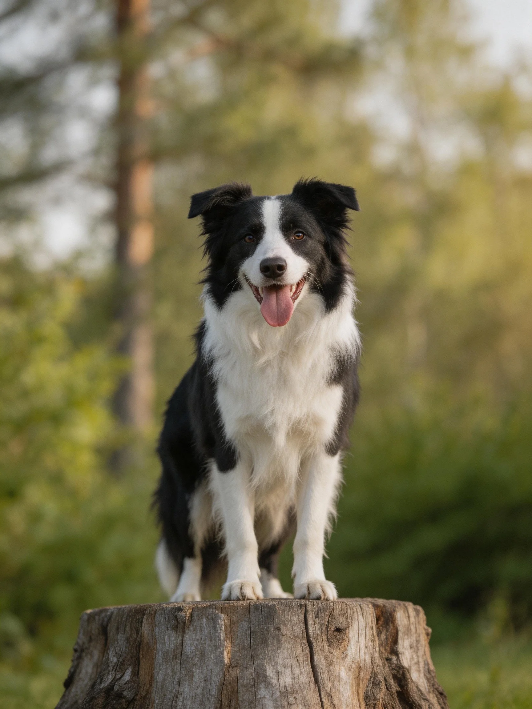 A black and white Border Collie sits on a tree stump in a sunlit forest setting.
