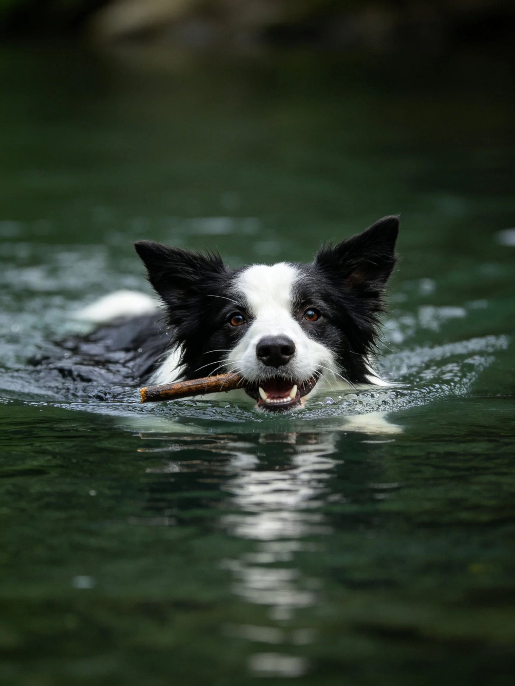 A black and white Border Collie carries a stick while swimming in calm water.