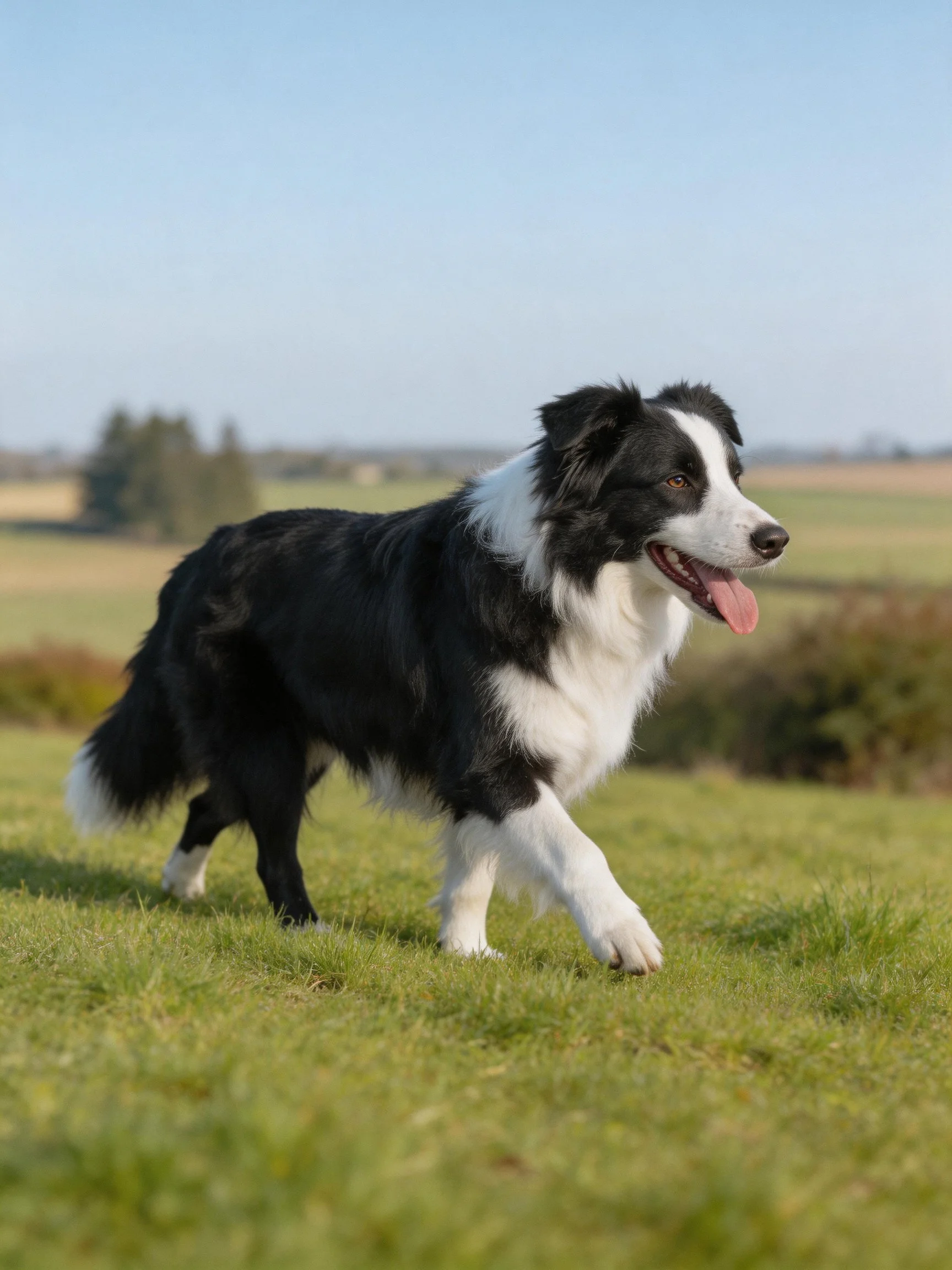 A black and white Border Collie walks joyfully on green grass in an open field.