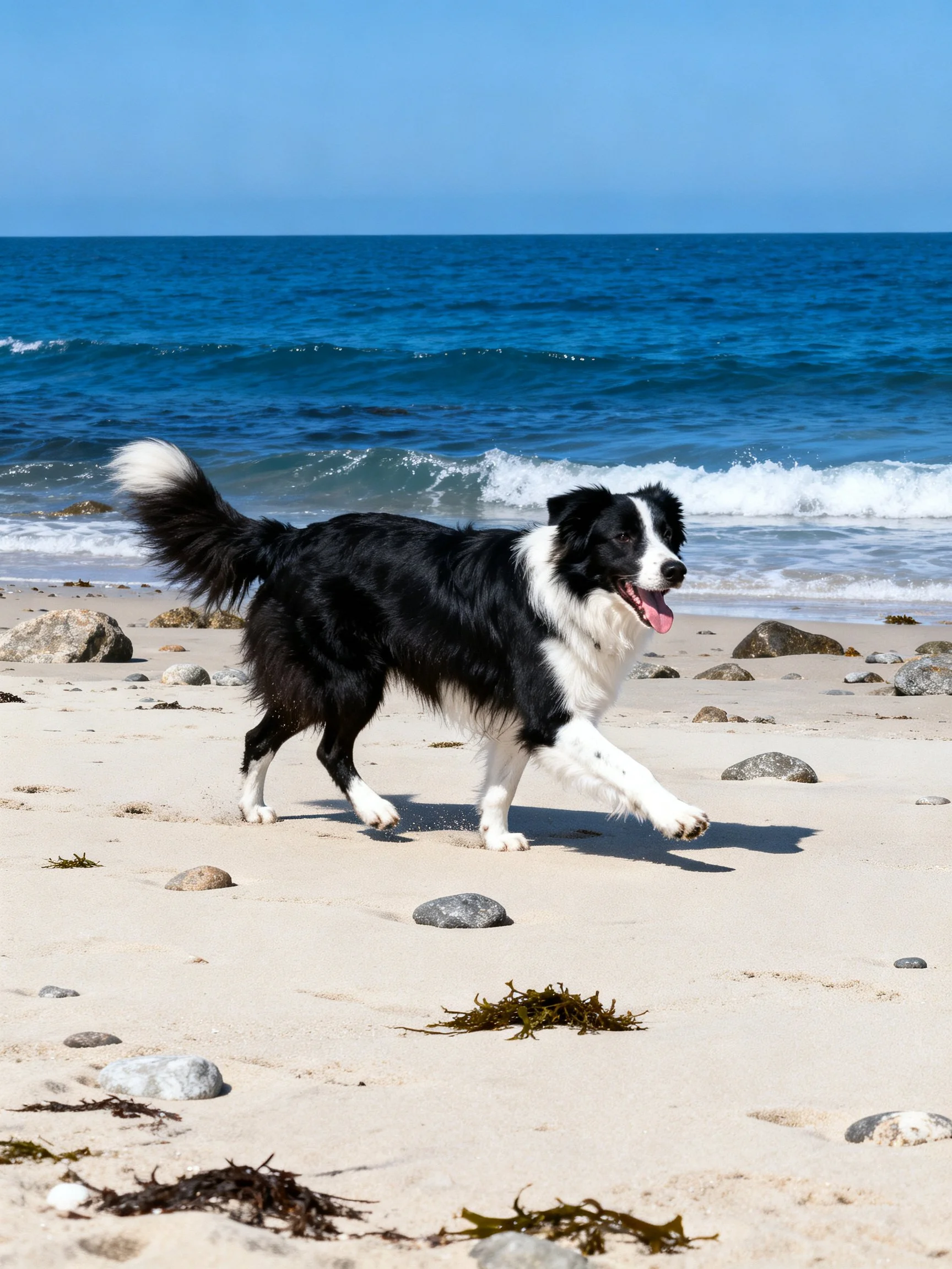 A black and white Border Collie enjoys a walk on a sandy beach by the ocean.