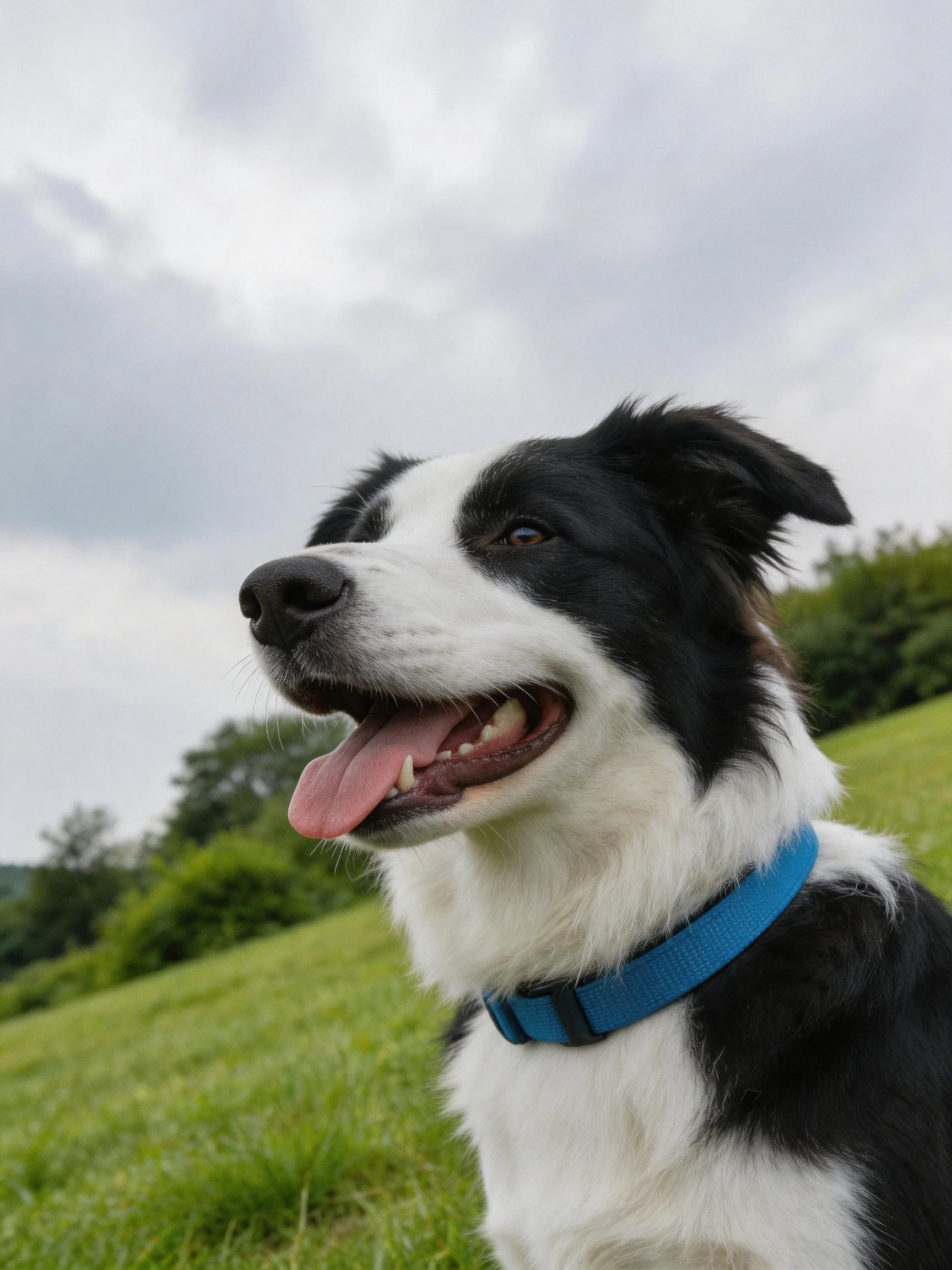 A black and white Border Collie with a blue collar is in a grassy outdoor area