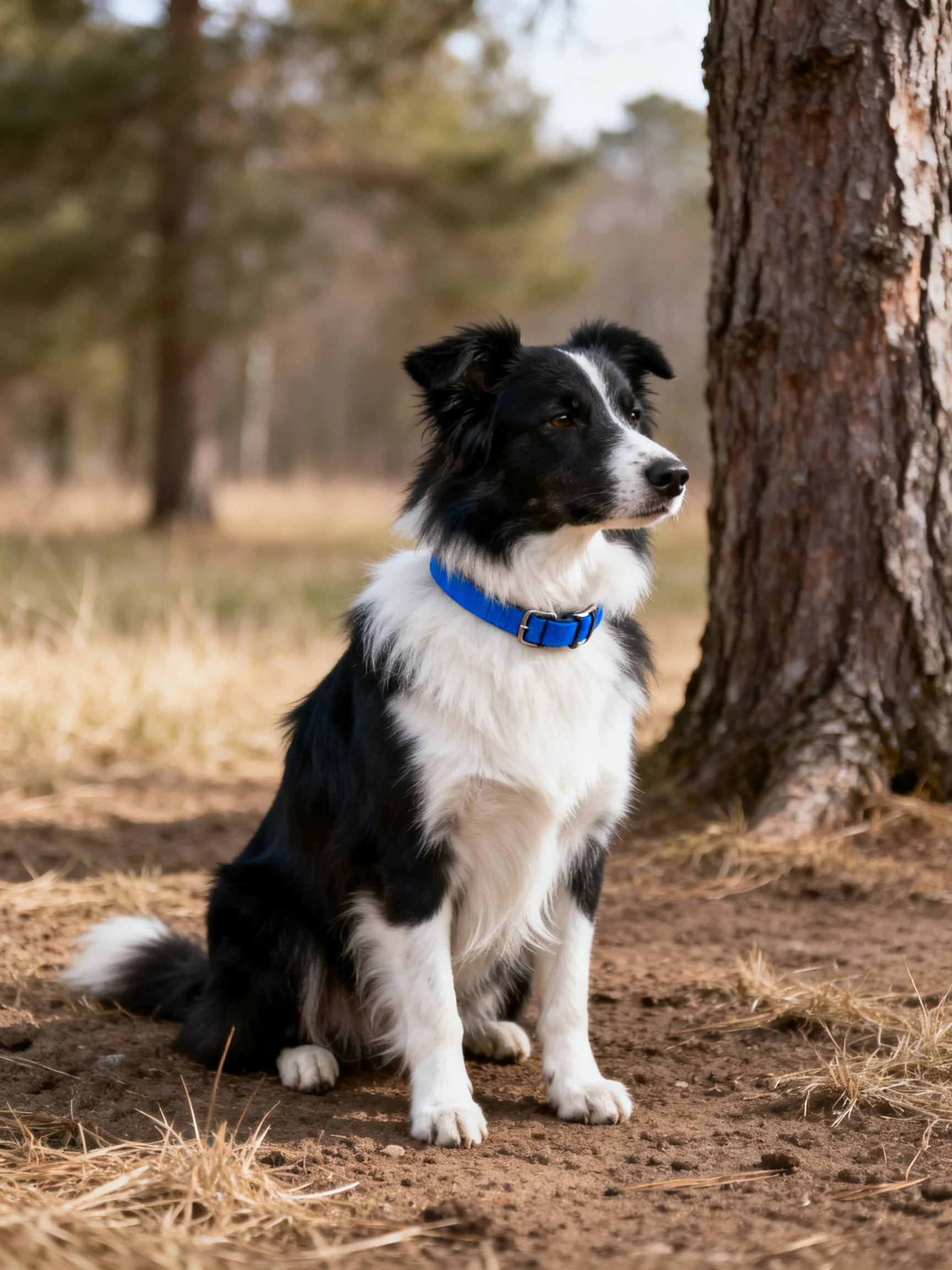 A black and white Border Collie sits calmly next to a tree in a wooded setting.