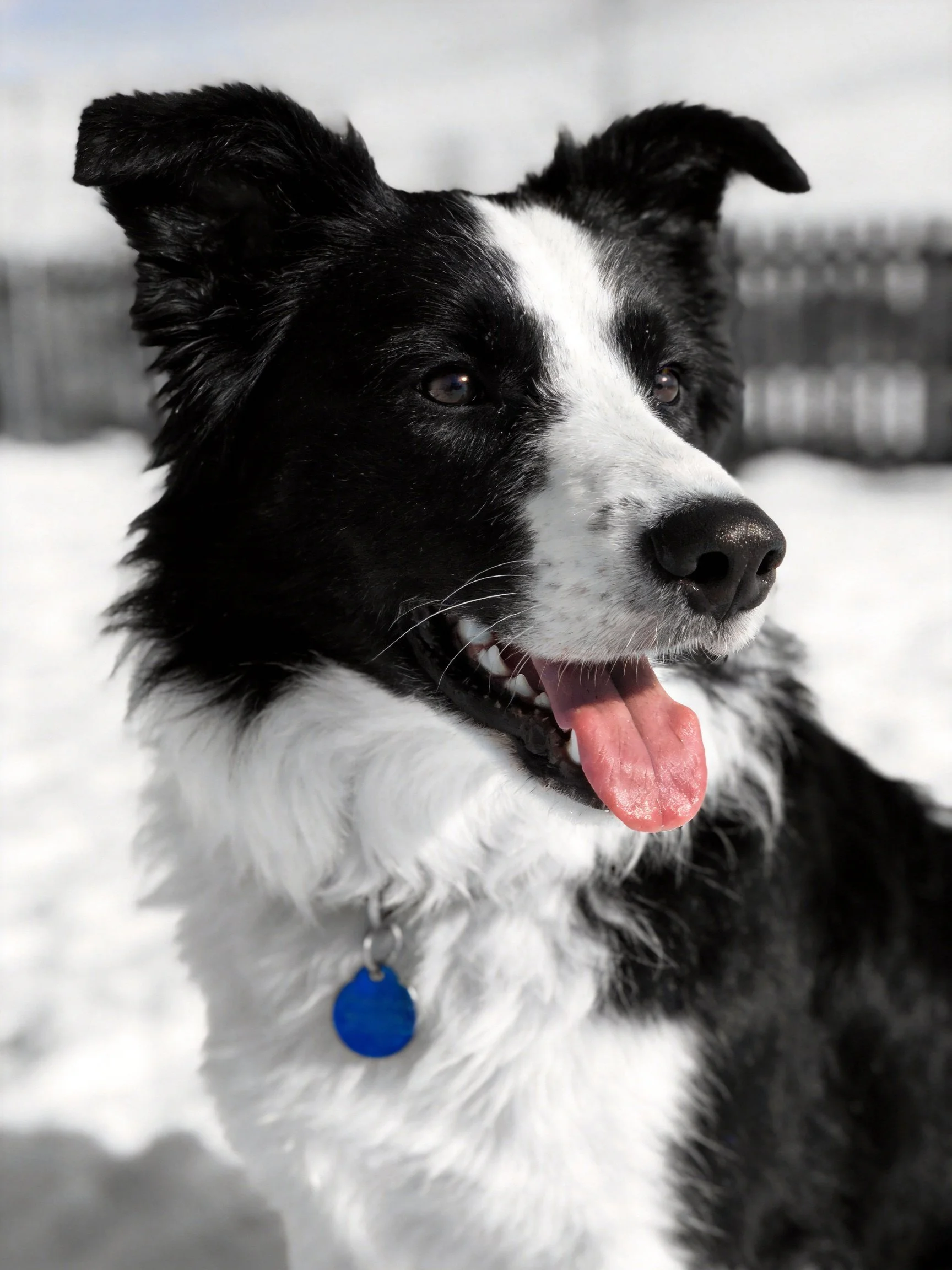 A black and white Border Collie wears a blue tag while standing in snow.
