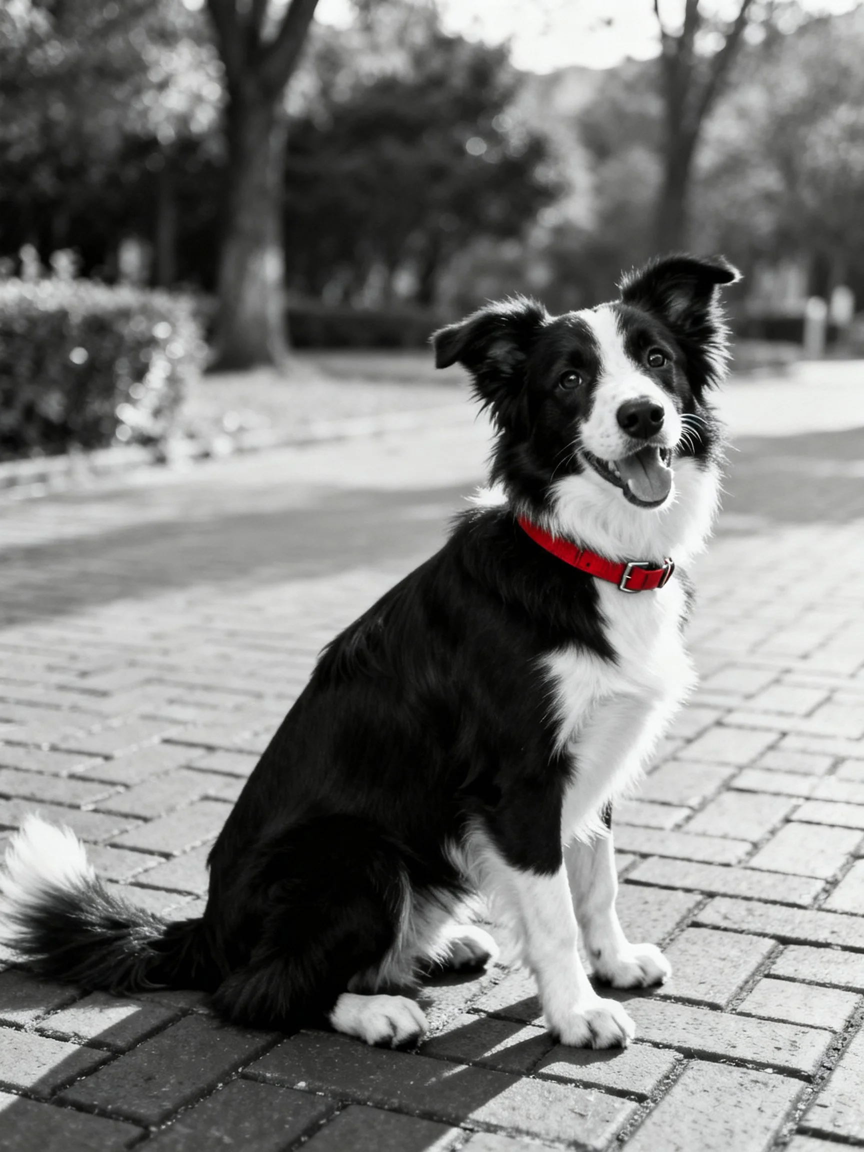 A black and white Border Collie with a red collar sits calmly on a brick path.
