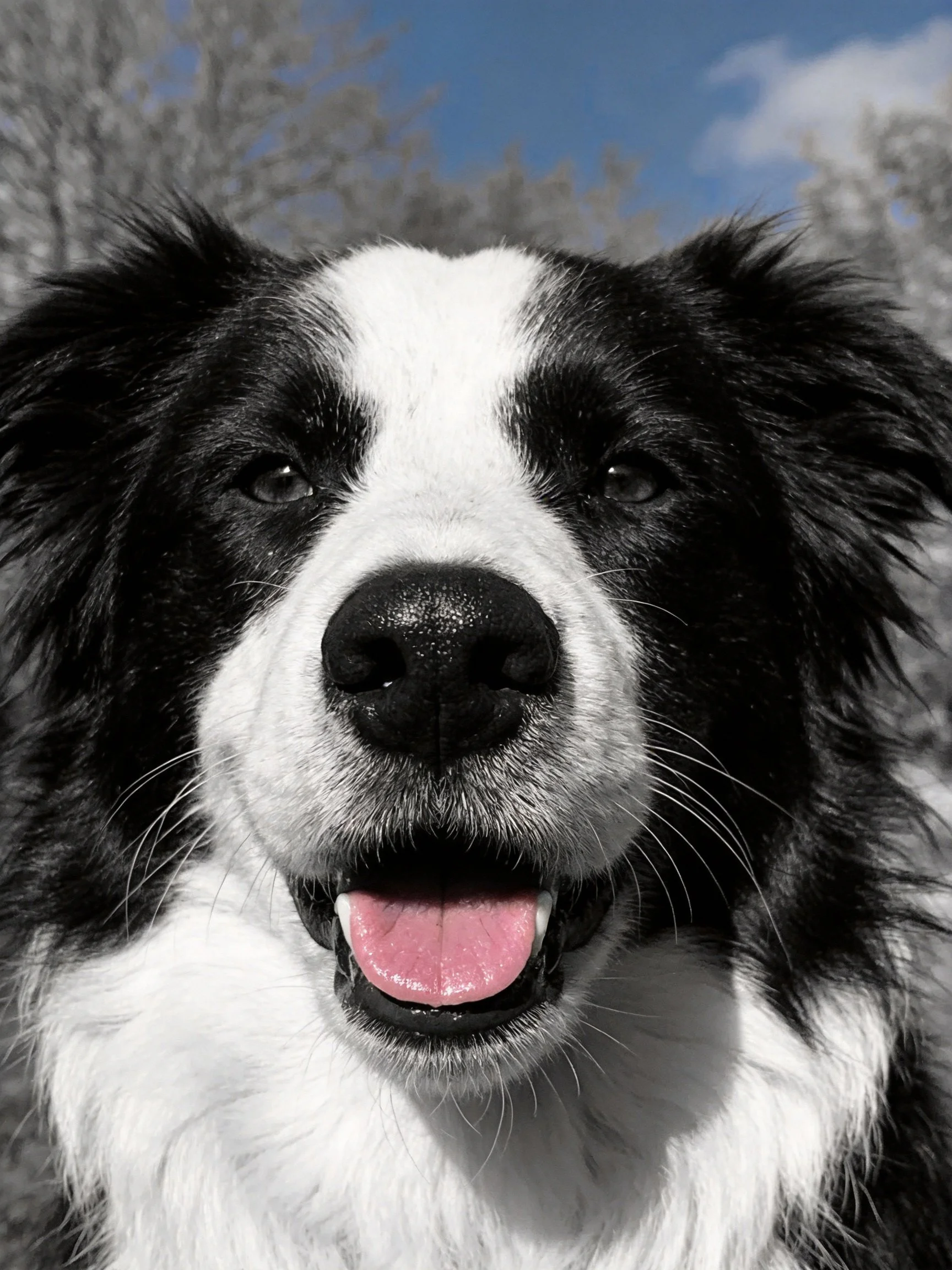 A black and white Border Collie appears joyful with its mouth open outdoors.