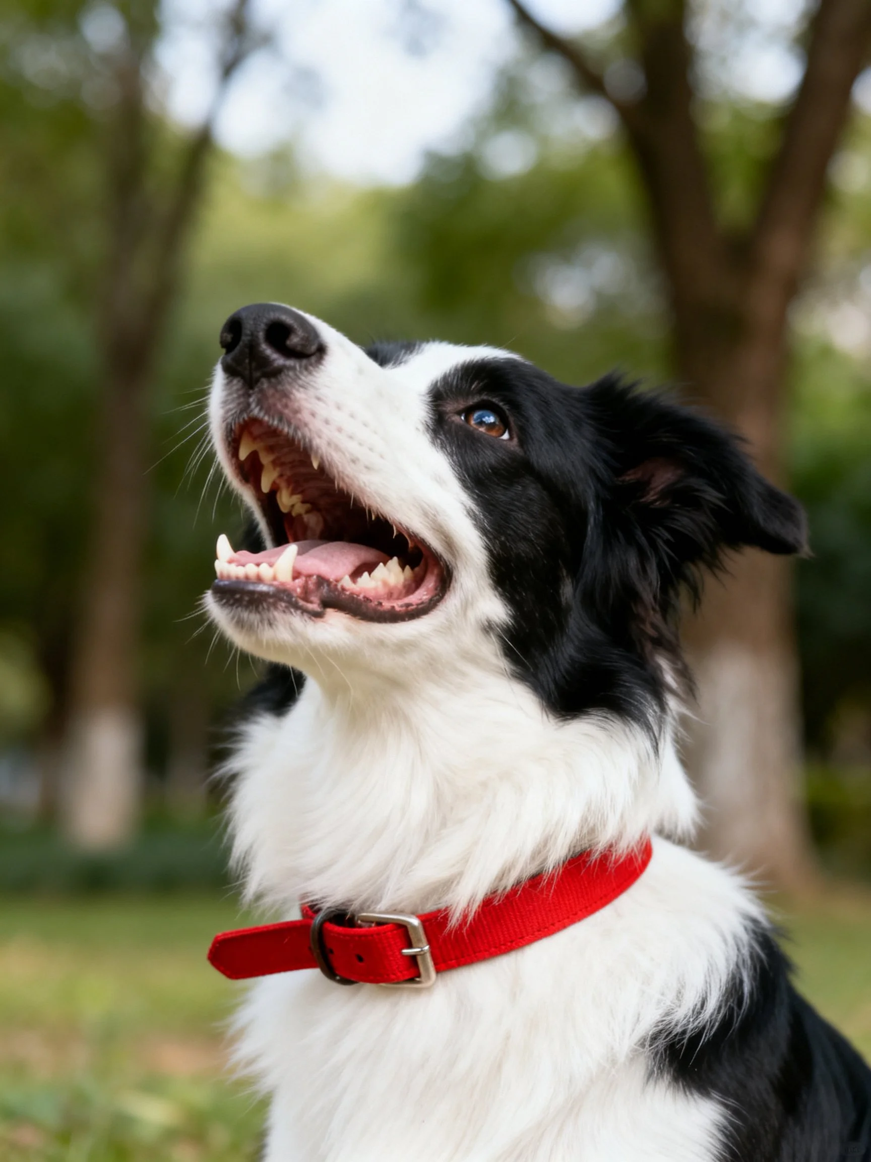 A black and white Border Collie with its mouth open stands near trees.