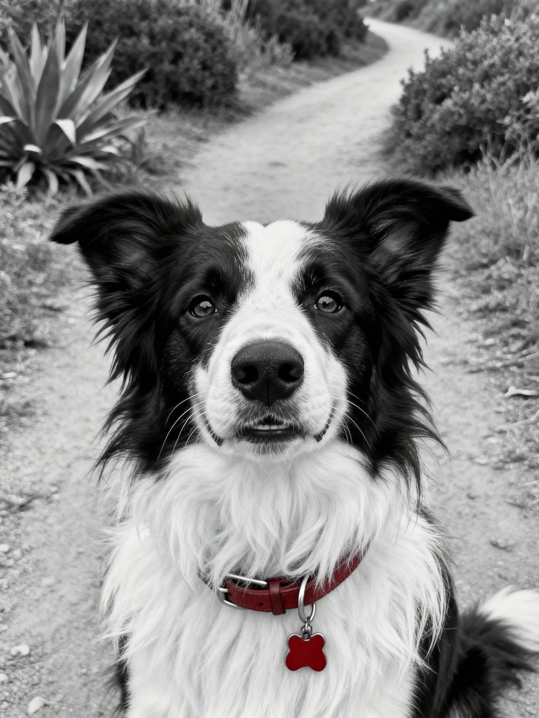 A black and white Border Collie wearing a red collar sits on a dirt path