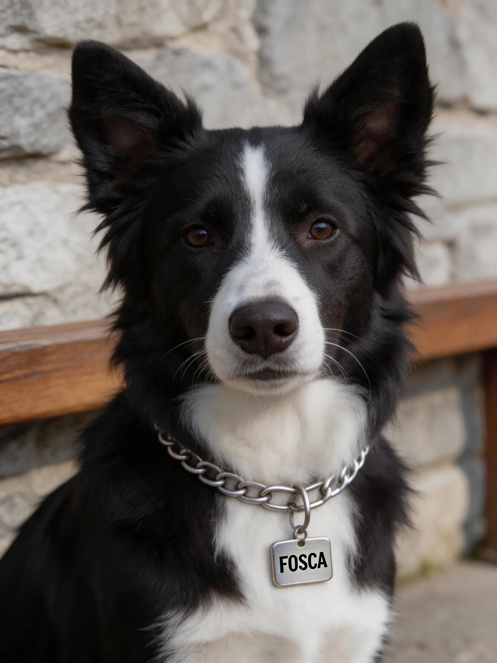 A black and white Border Collie sits near a stone wall with a silver chain collar.