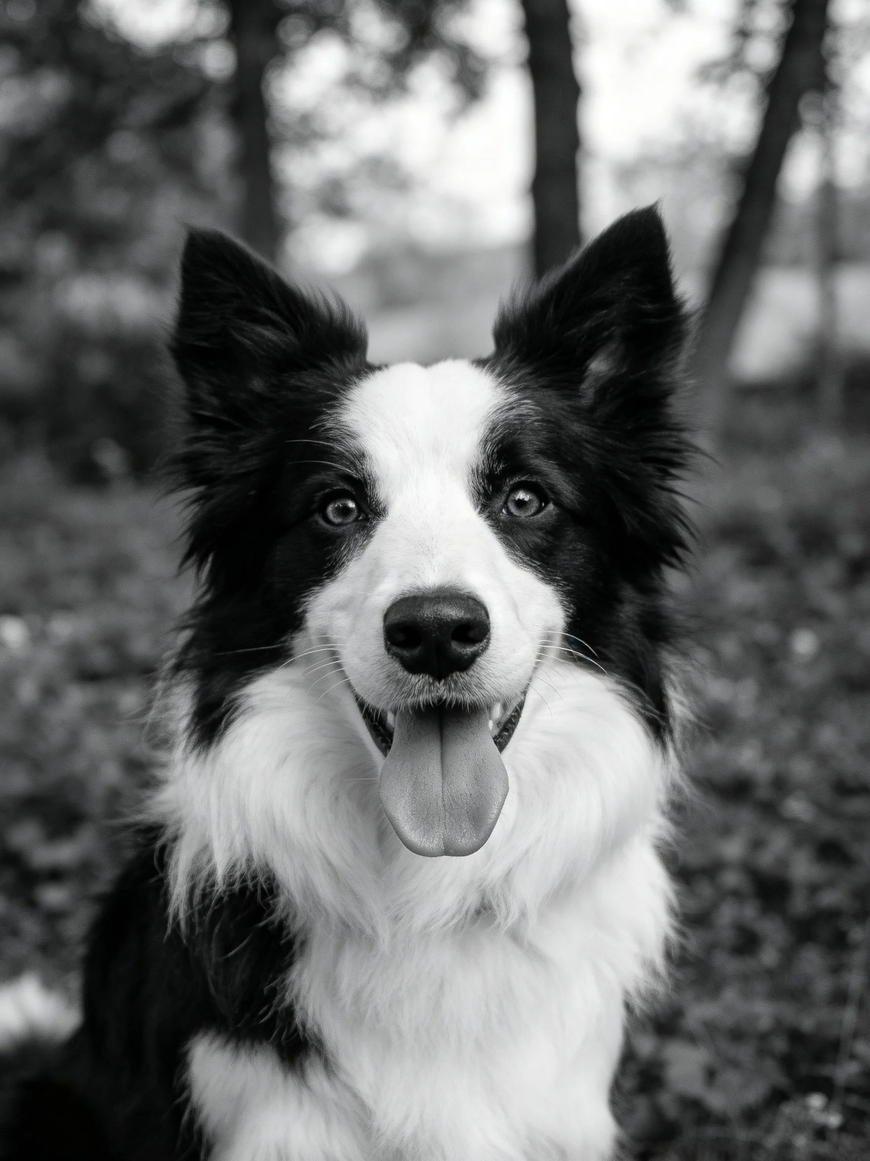 A black and white Border Collie stands outdoors with an alert expression.