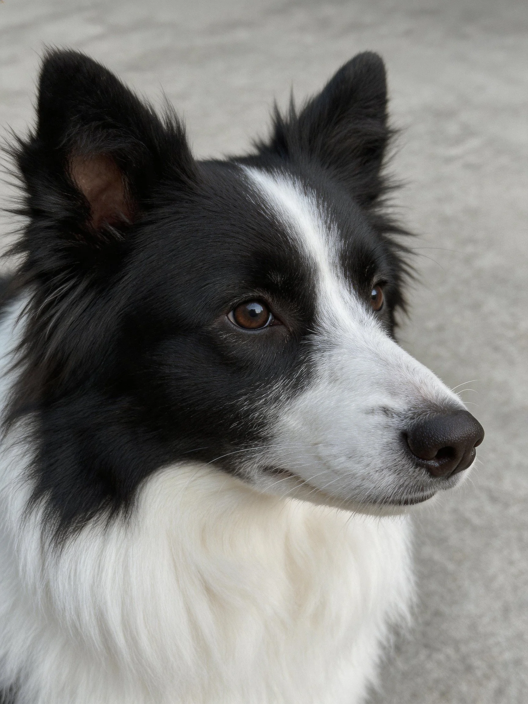 A black and white Border Collie attentively gazes into the distance.