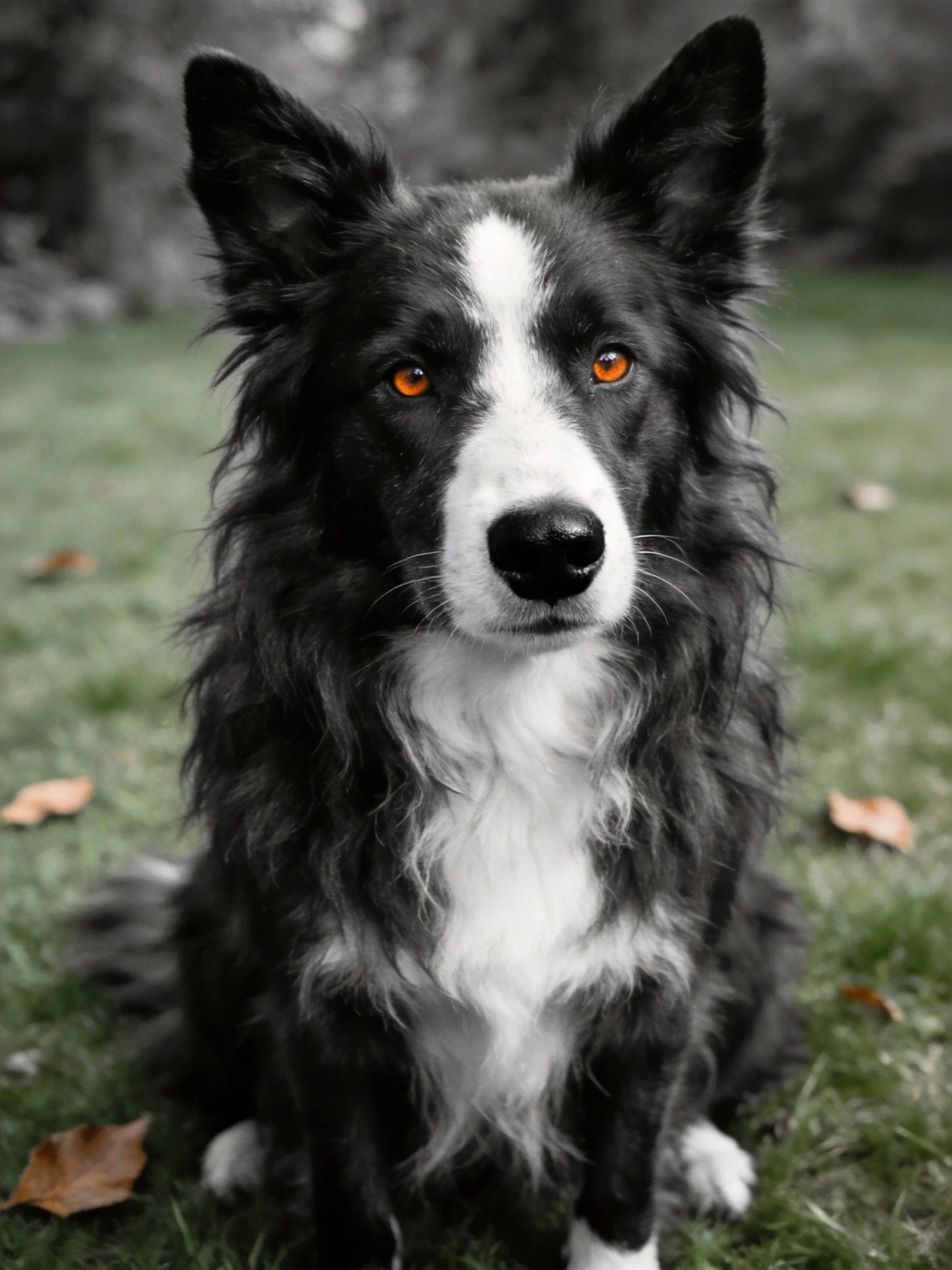A black and white Border Collie with orange eyes sits on grass