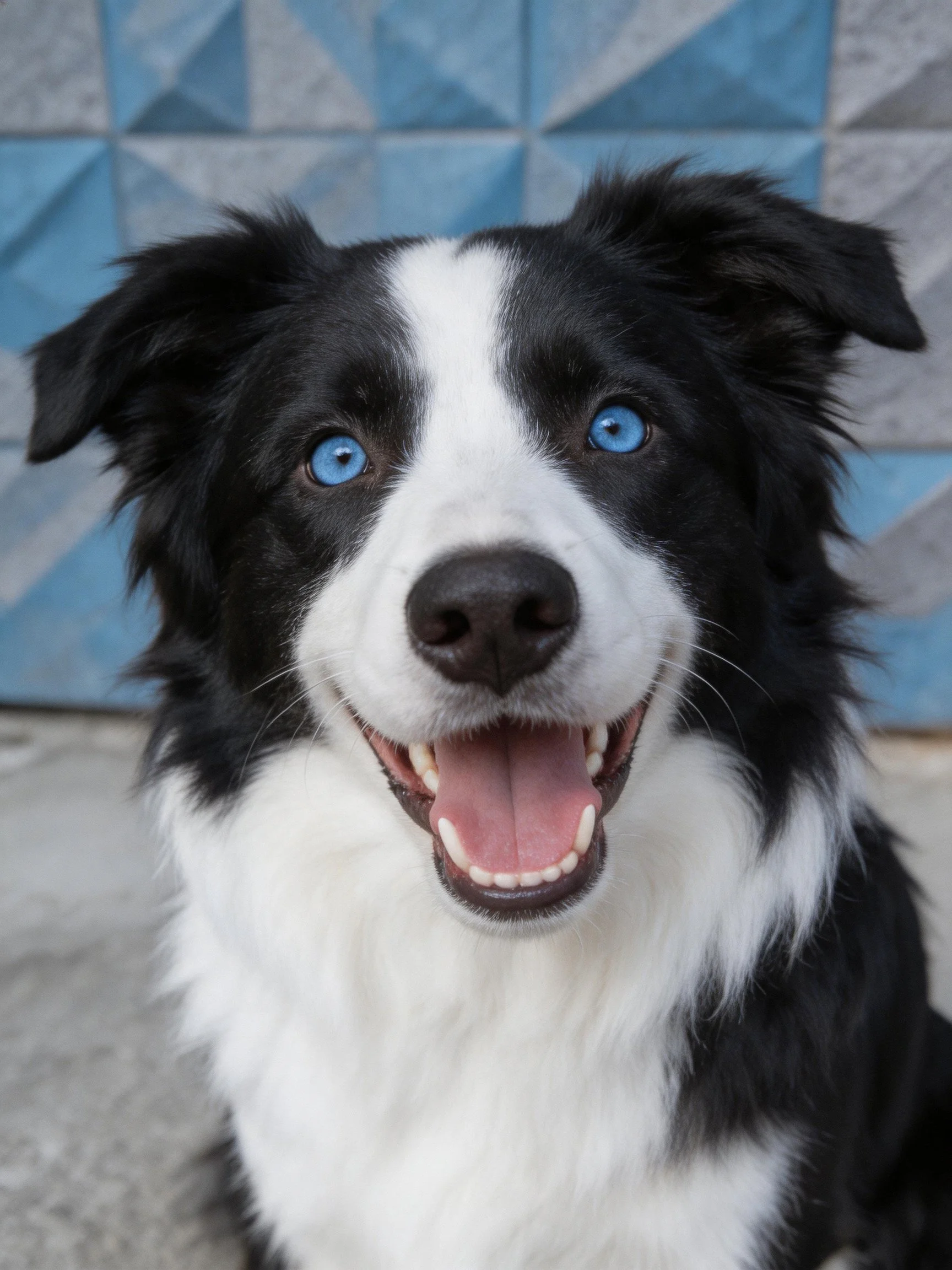 A black and white Border Collie with bright blue eyes appears happy.