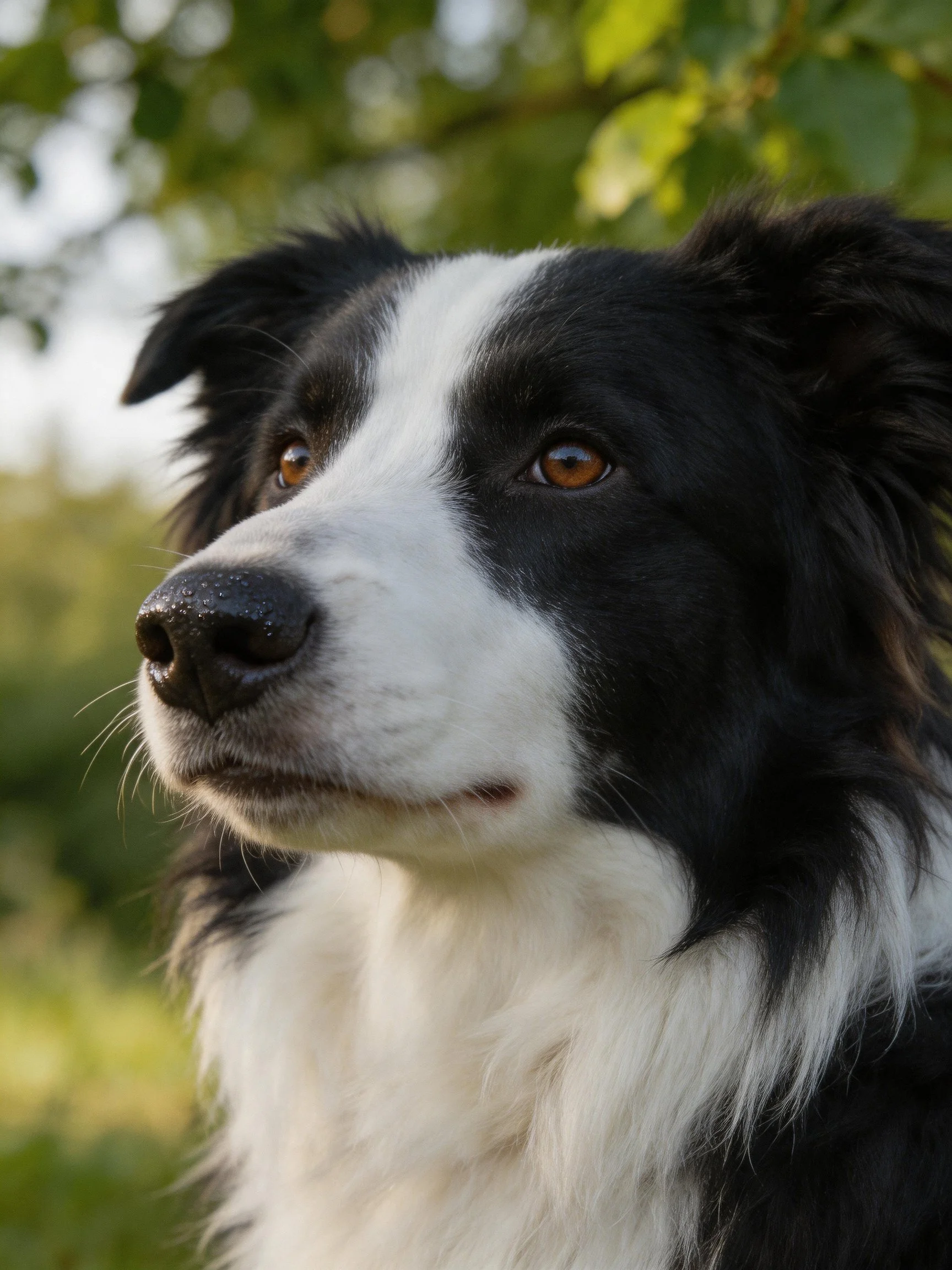 A black and white Border Collie gazes intently amid green foliage.