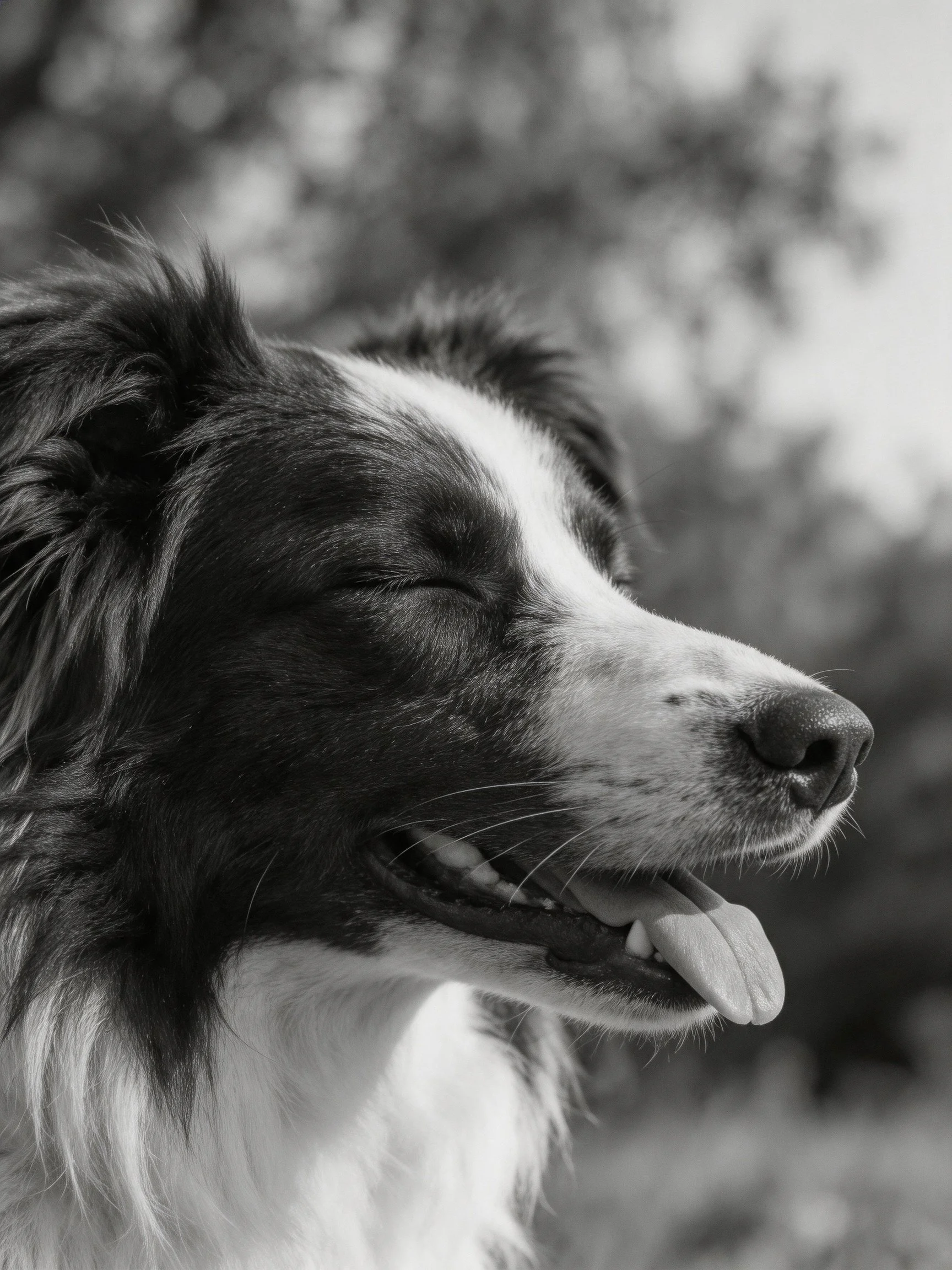 A black and white Border Collie appears relaxed with closed eyes and tongue exposed.