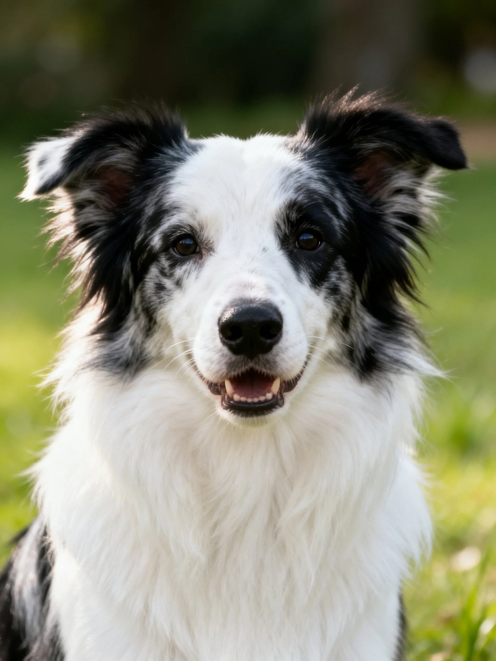 A black and white Border Collie appears happy in a sunlit outdoor area.