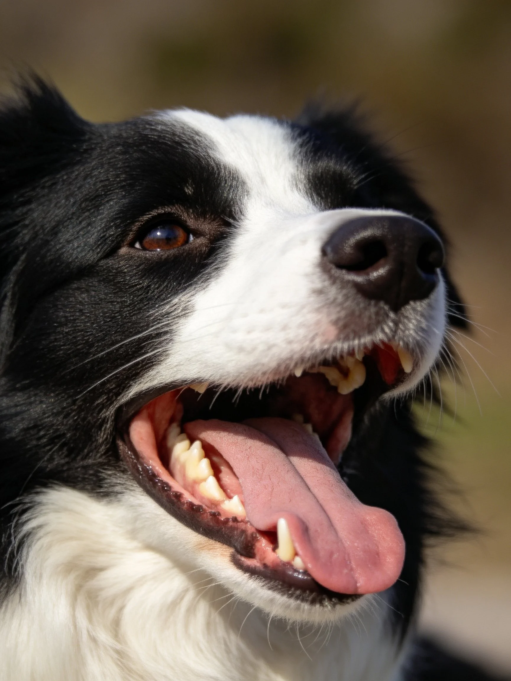 A black and white Border Collie shows joy with mouth open.