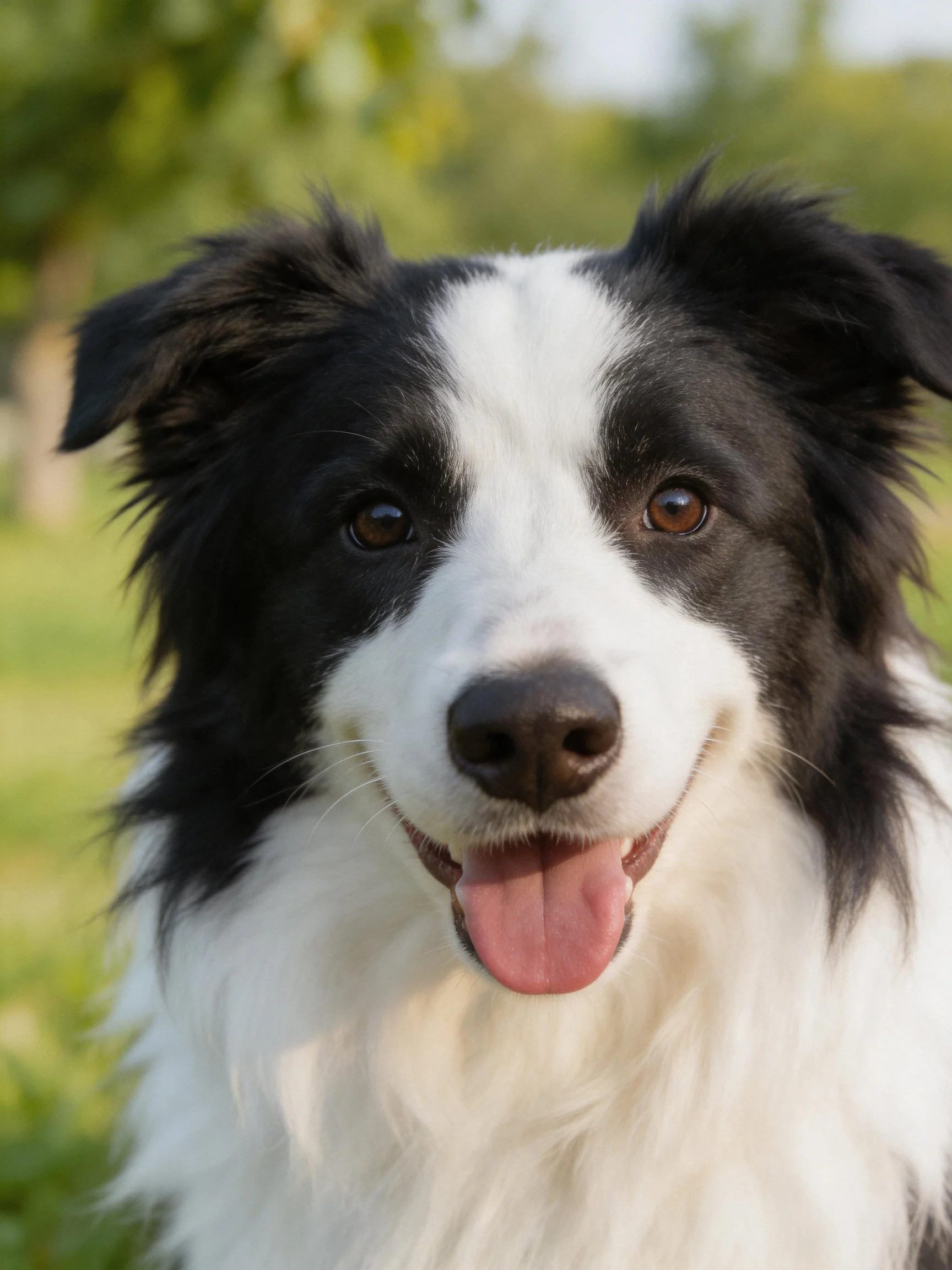 A cheerful black and white Border Collie relaxes in a sunny outdoor setting.
