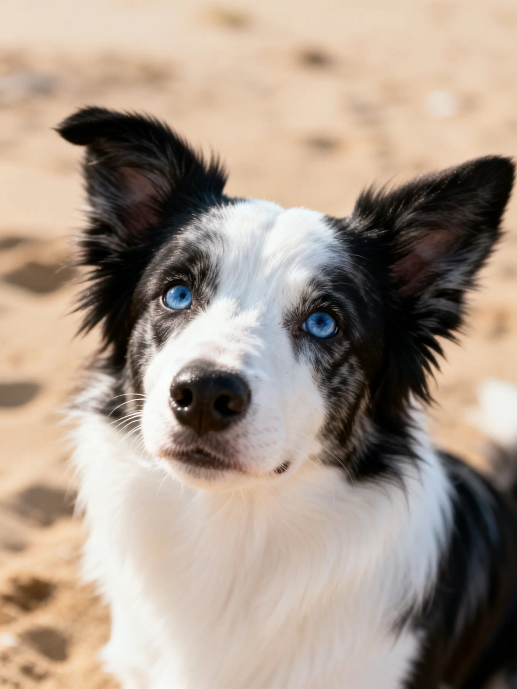A black and white Border Collie gazes directly at the camera on sandy ground.