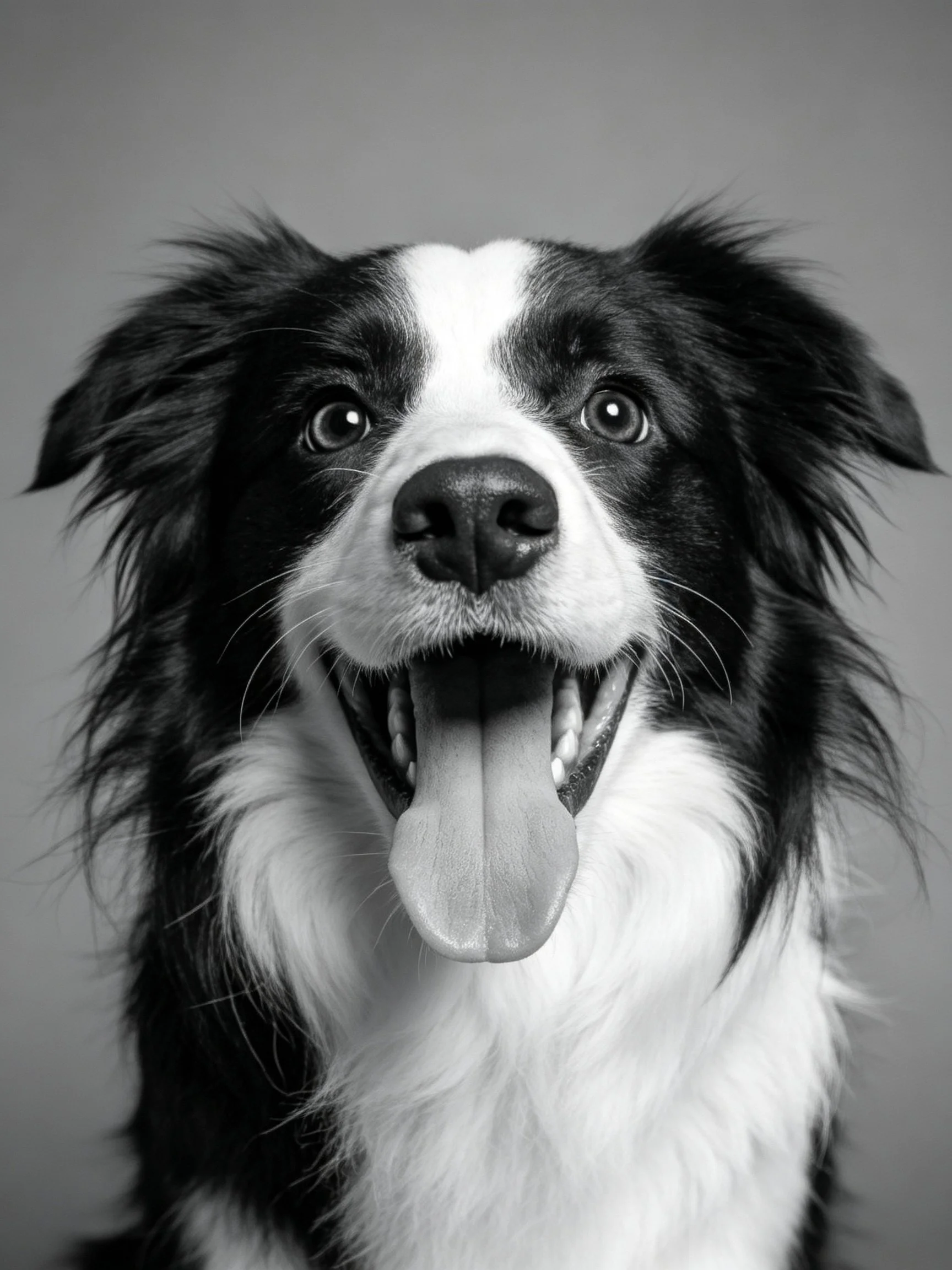 A black and white Border Collie appears joyful with mouth open.