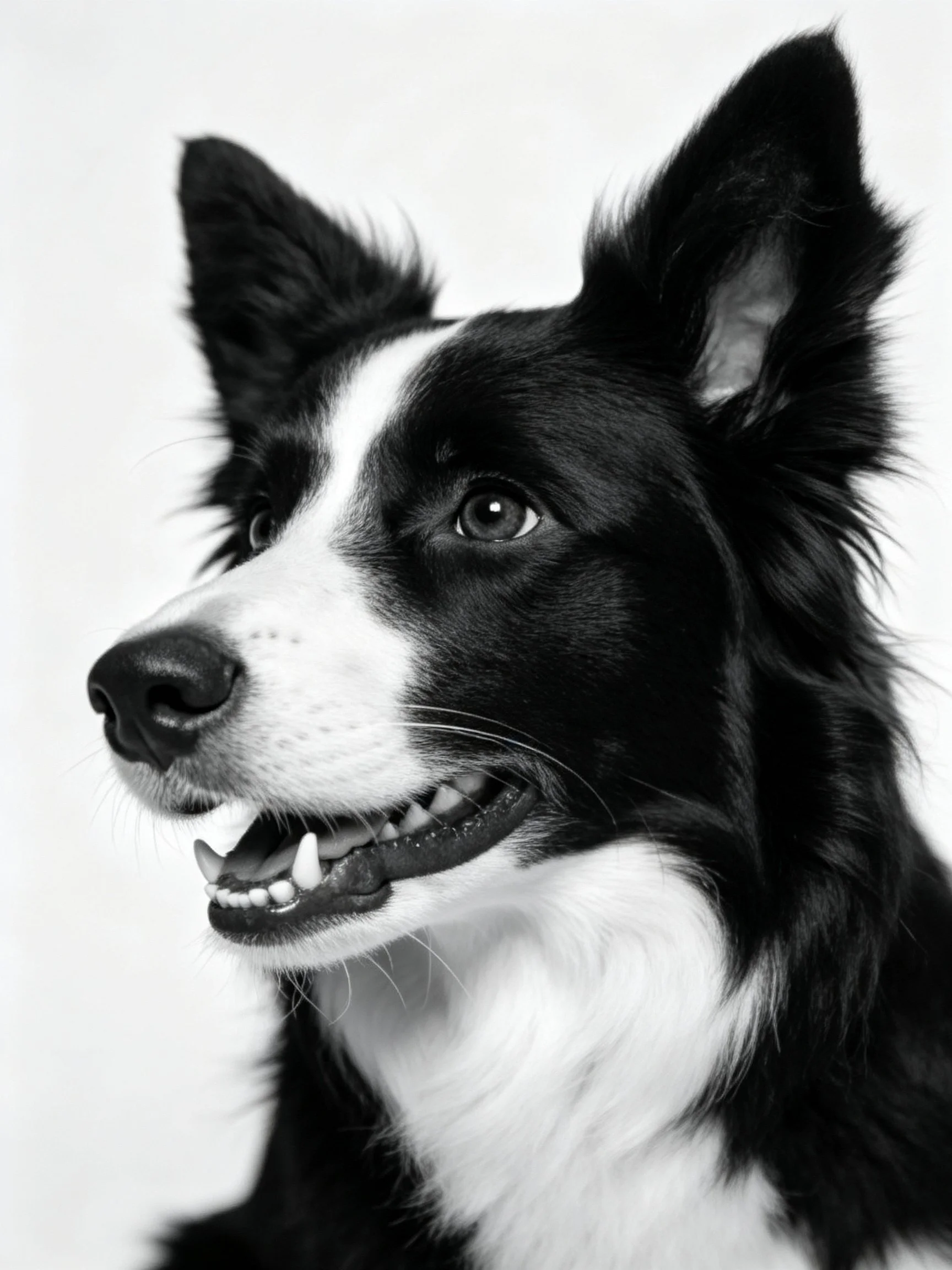 A black and white Border Collie appears attentive against a plain background.