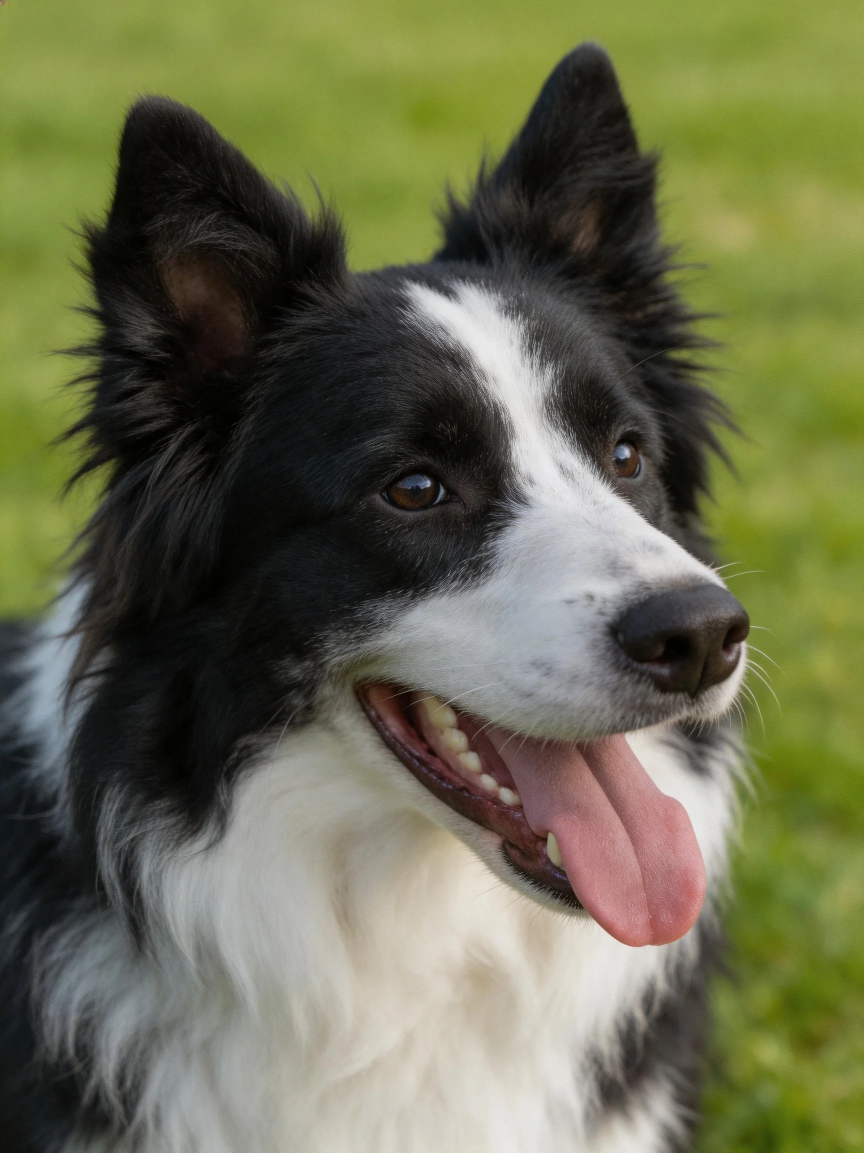 A black and white Border Collie stands alertly outdoors.
