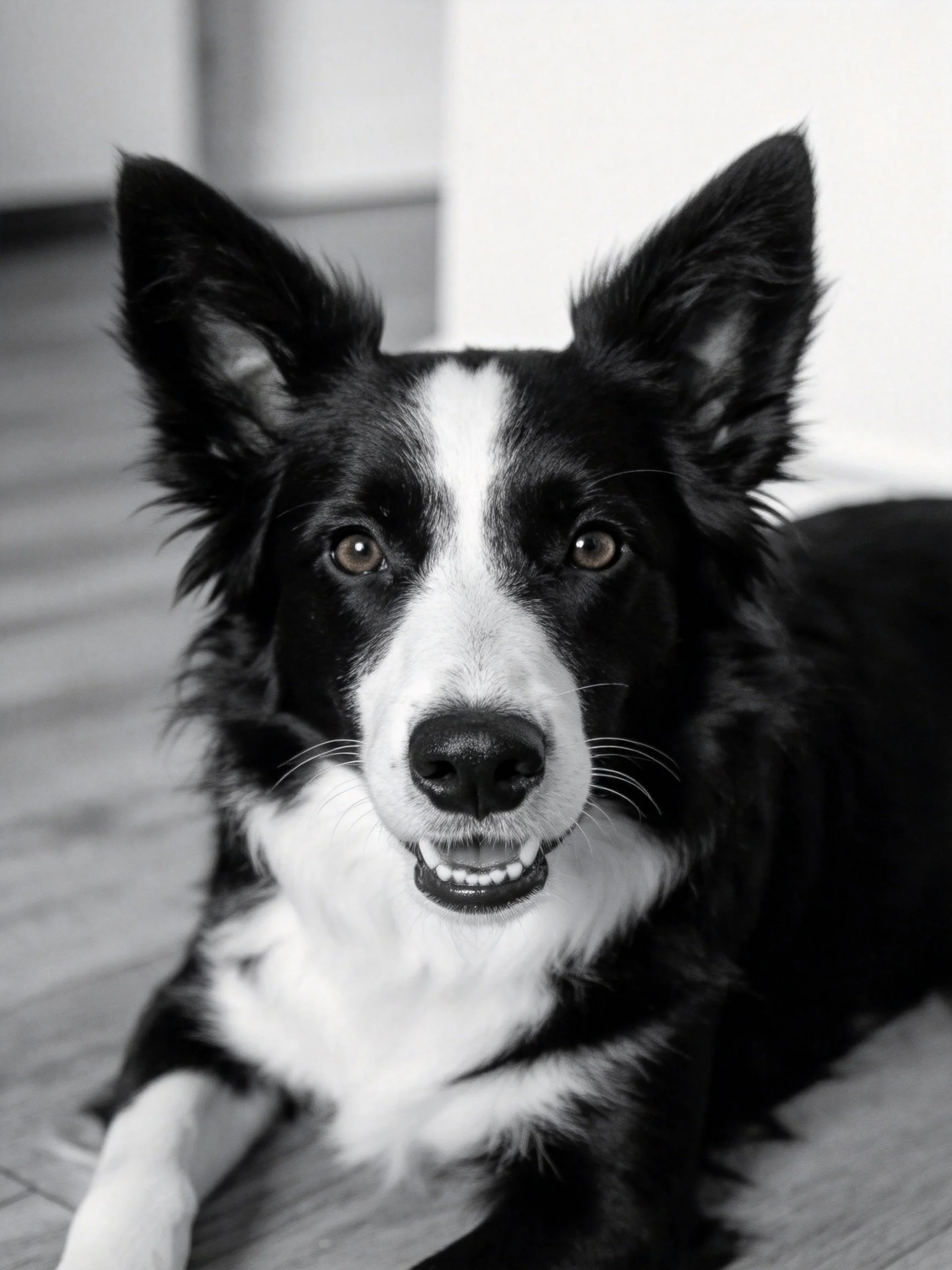 A black and white Border Collie lies comfortably indoors.