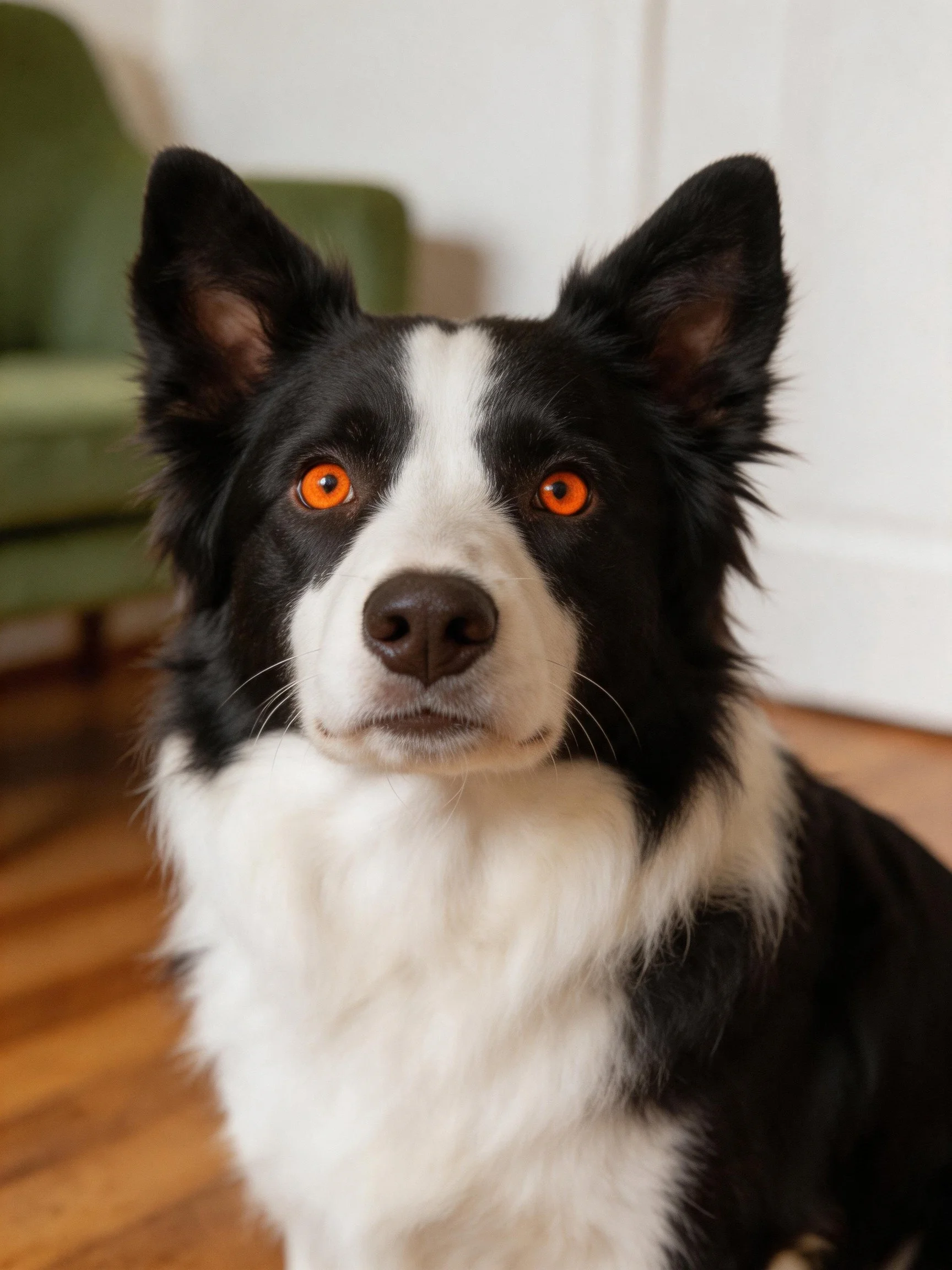 A black and white Border Collie with vivid orange eyes indoors