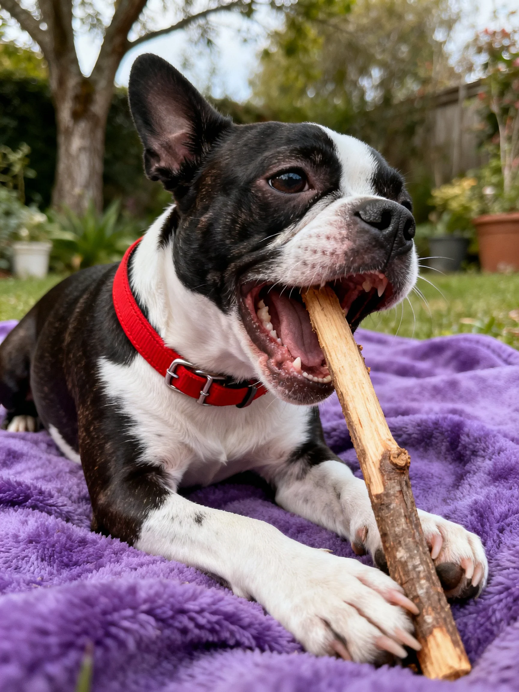 A Boston Terrier chews a wooden stick while lying on a purple blanket outdoors.