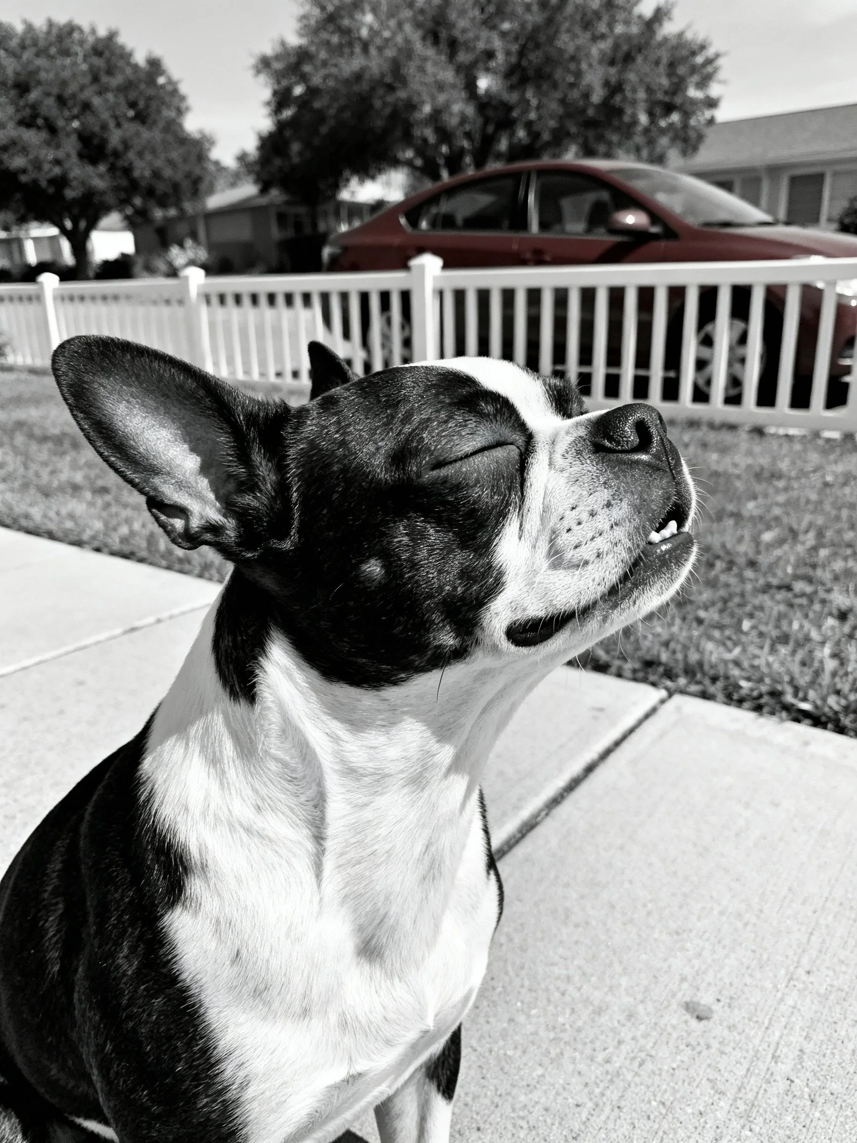 A black and white Boston Terrier closes eyes near a white fence and red car