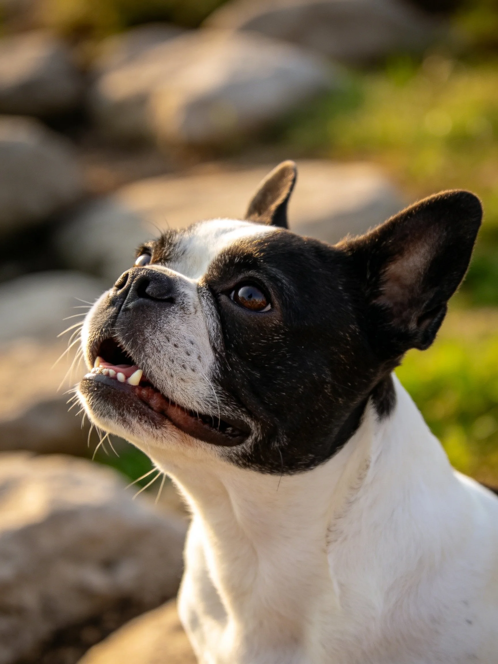 A black and white Boston Terrier gazes upward among rocks