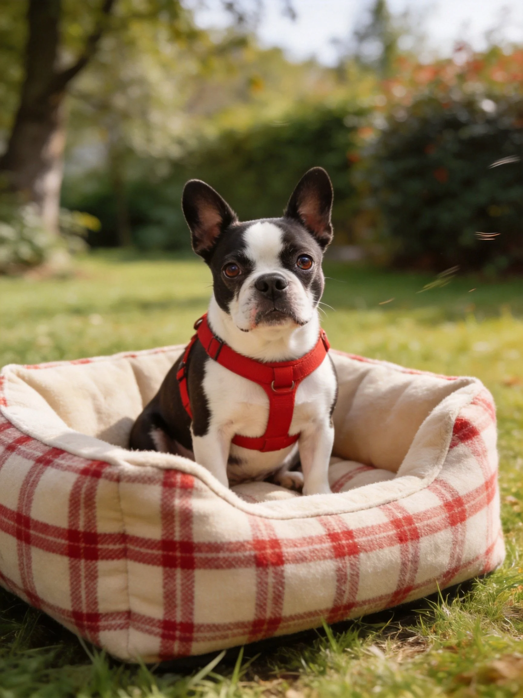 A black-and-white Boston Terrier in a red-and-beige plaid pet bed