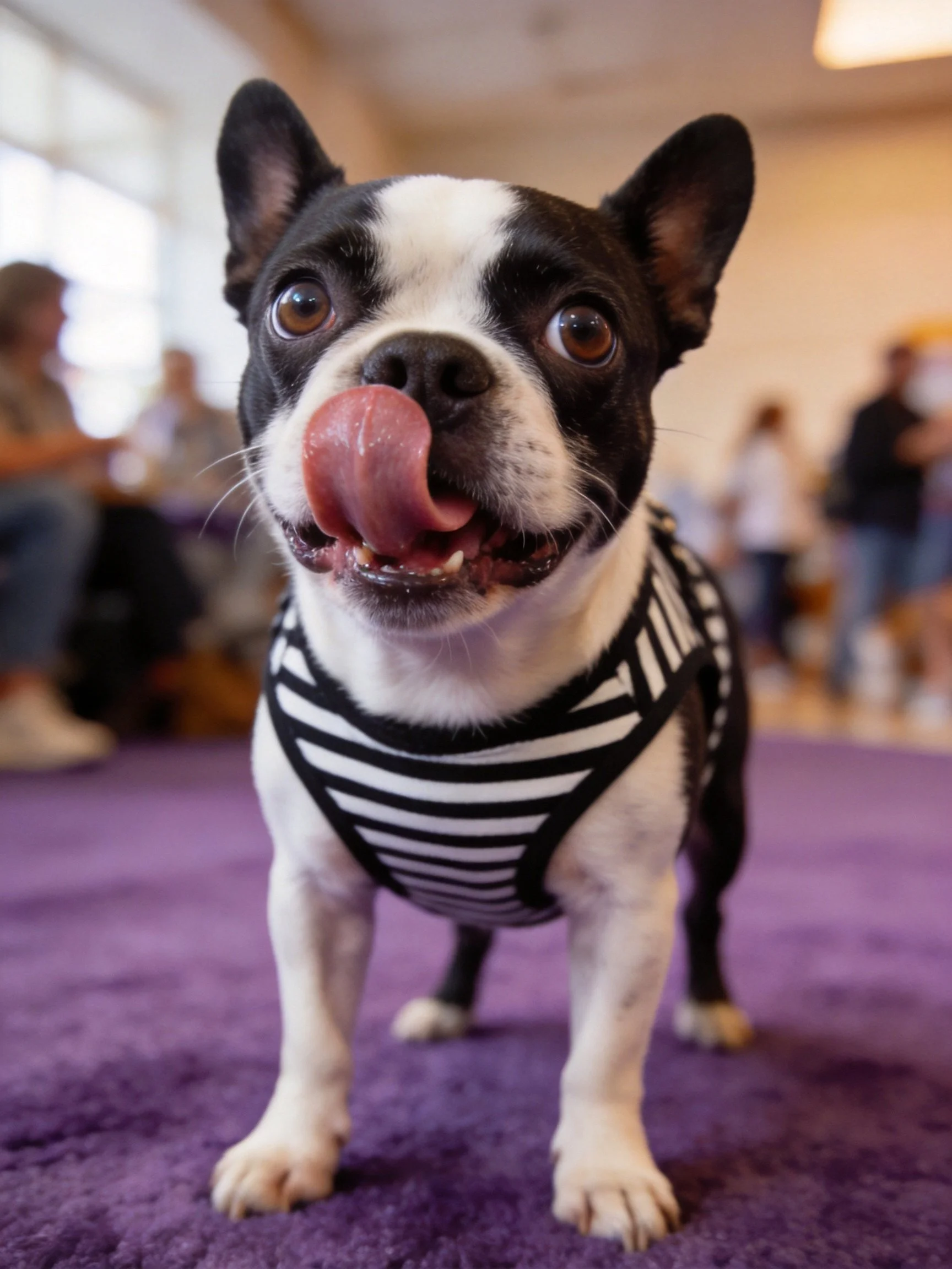 A Boston Terrier in a striped harness stands happily on a purple carpet.