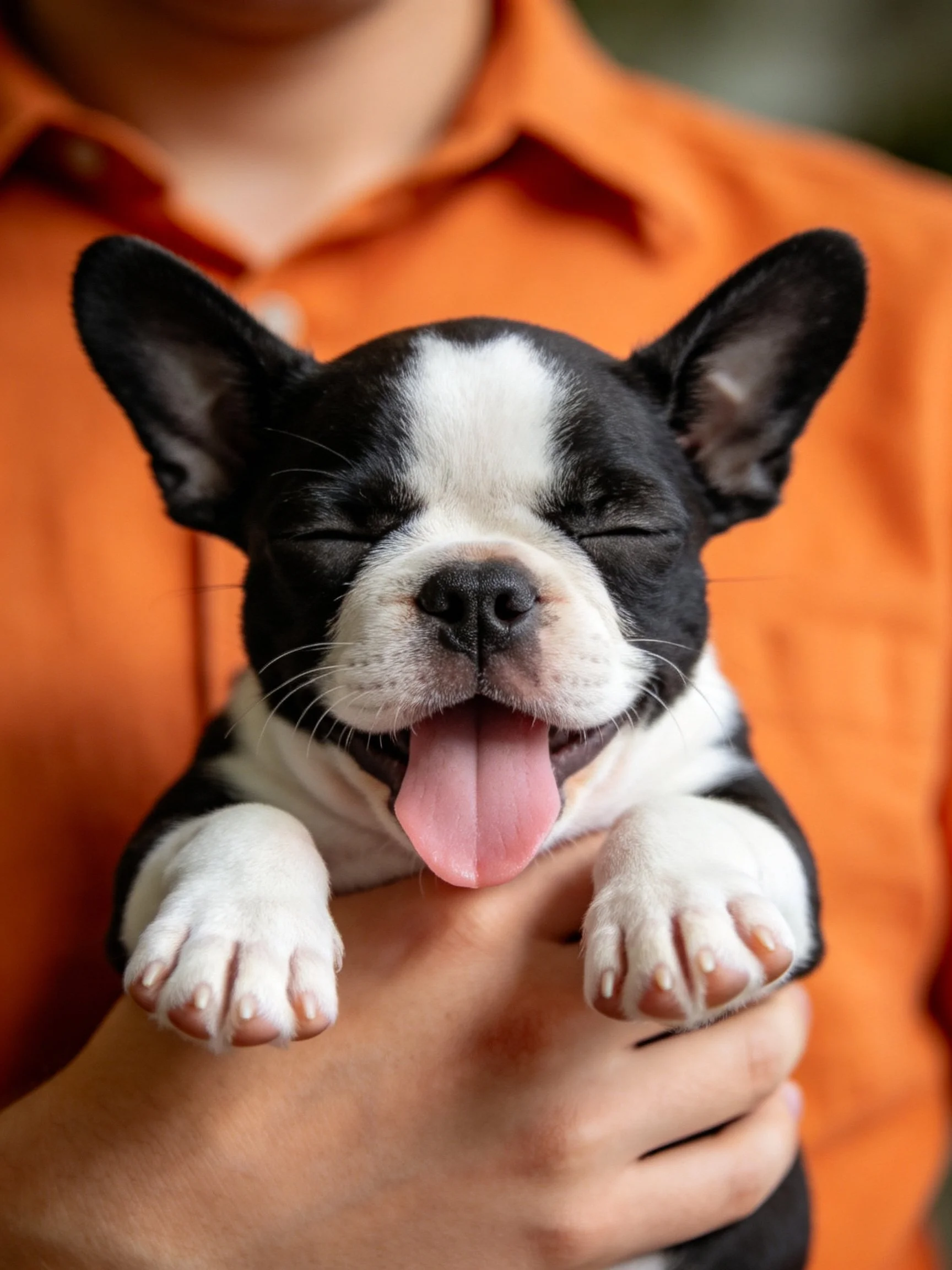 A black and white Boston Terrier puppy is held gently in someone’s arms