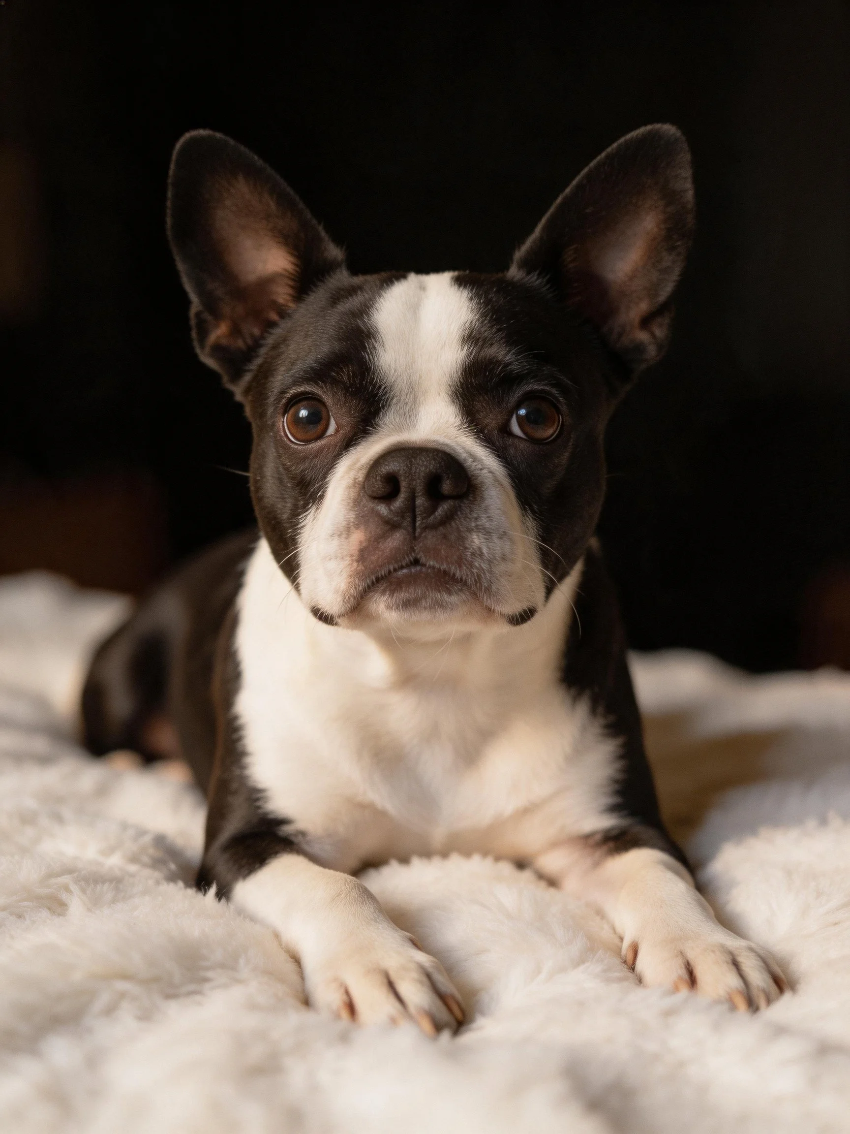 A black and white Boston Terrier rests peacefully on a soft blanket