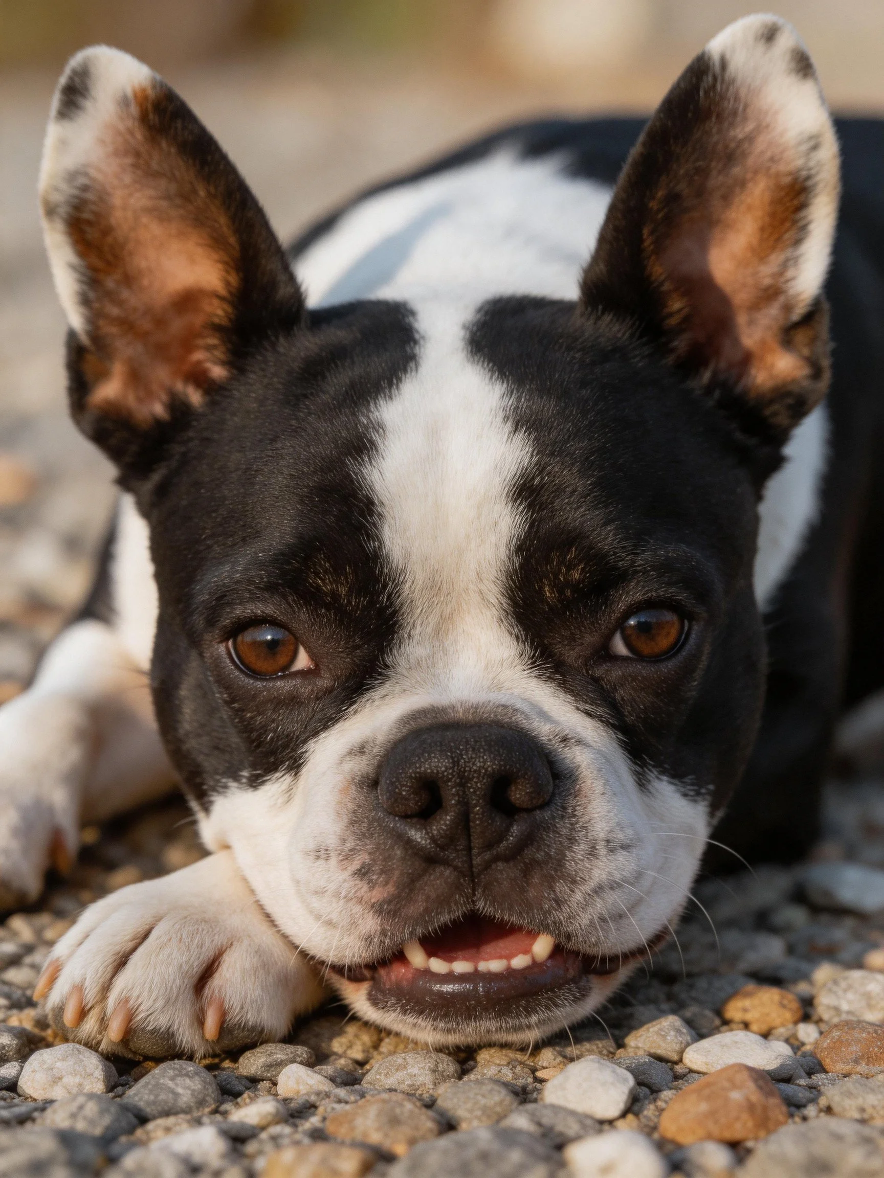 A black and white Boston Terrier resting on smooth pebbles