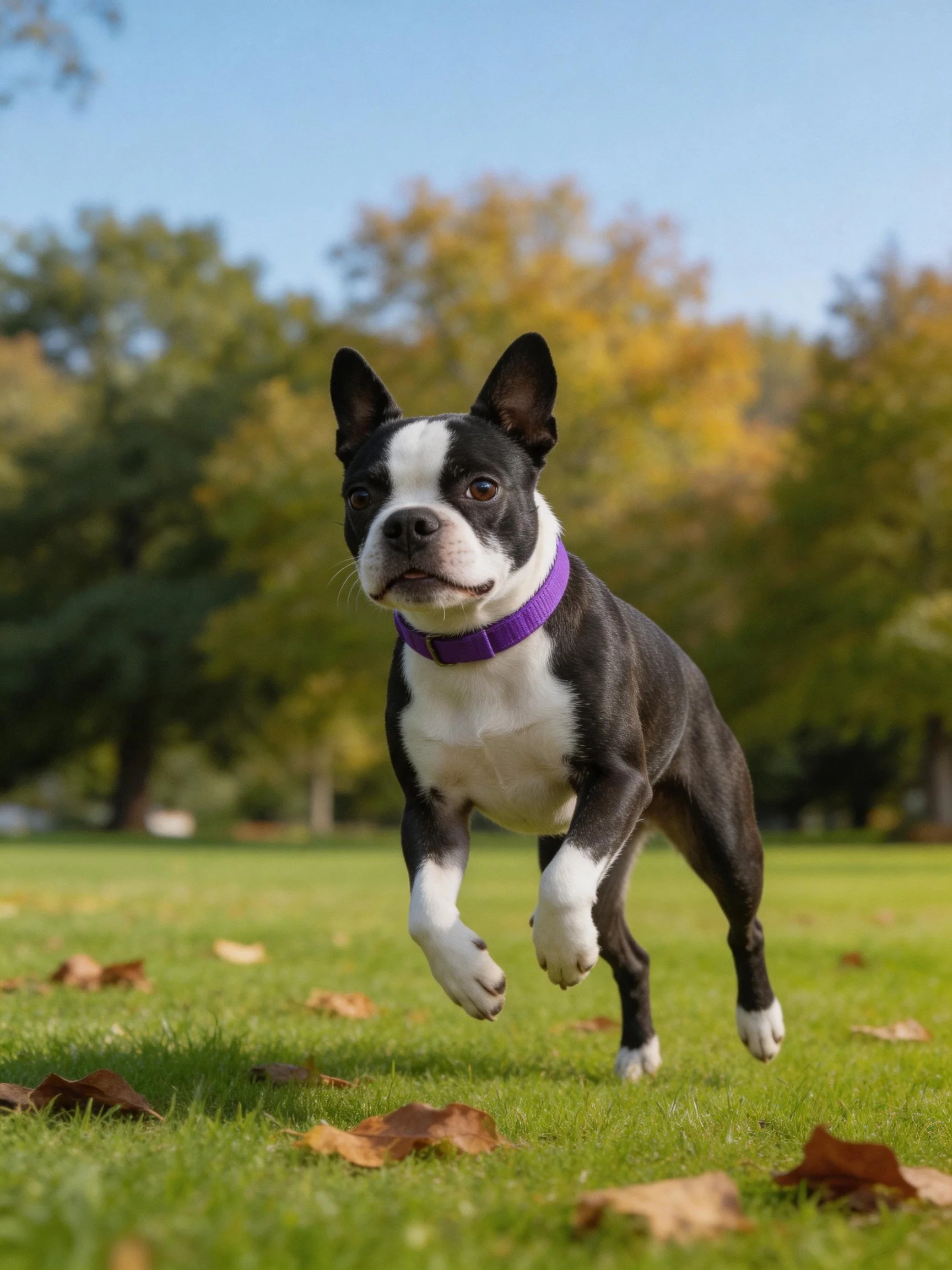 A Boston Terrier runs on grass near autumn trees.