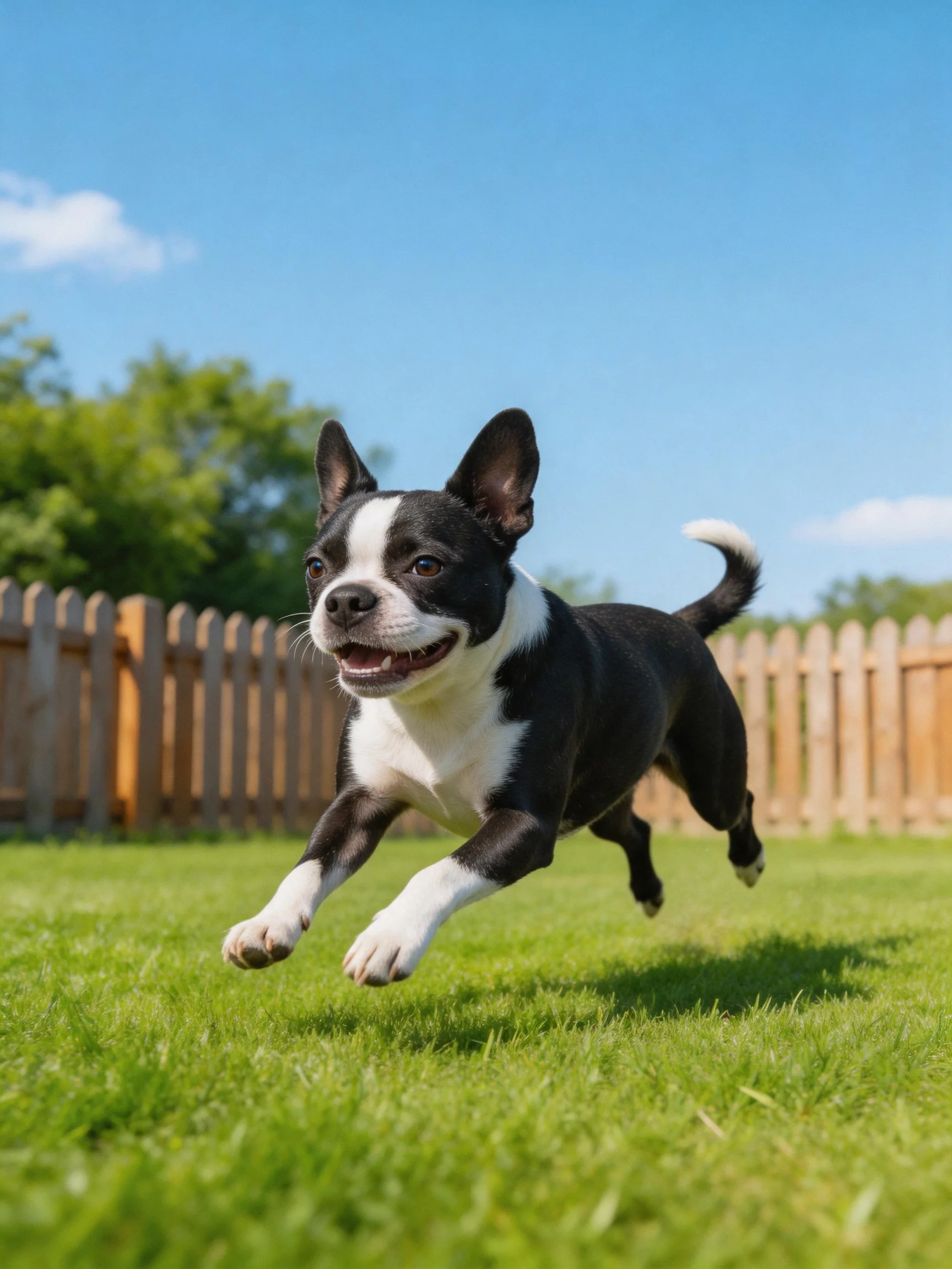 A black and white Boston Terrier runs on green