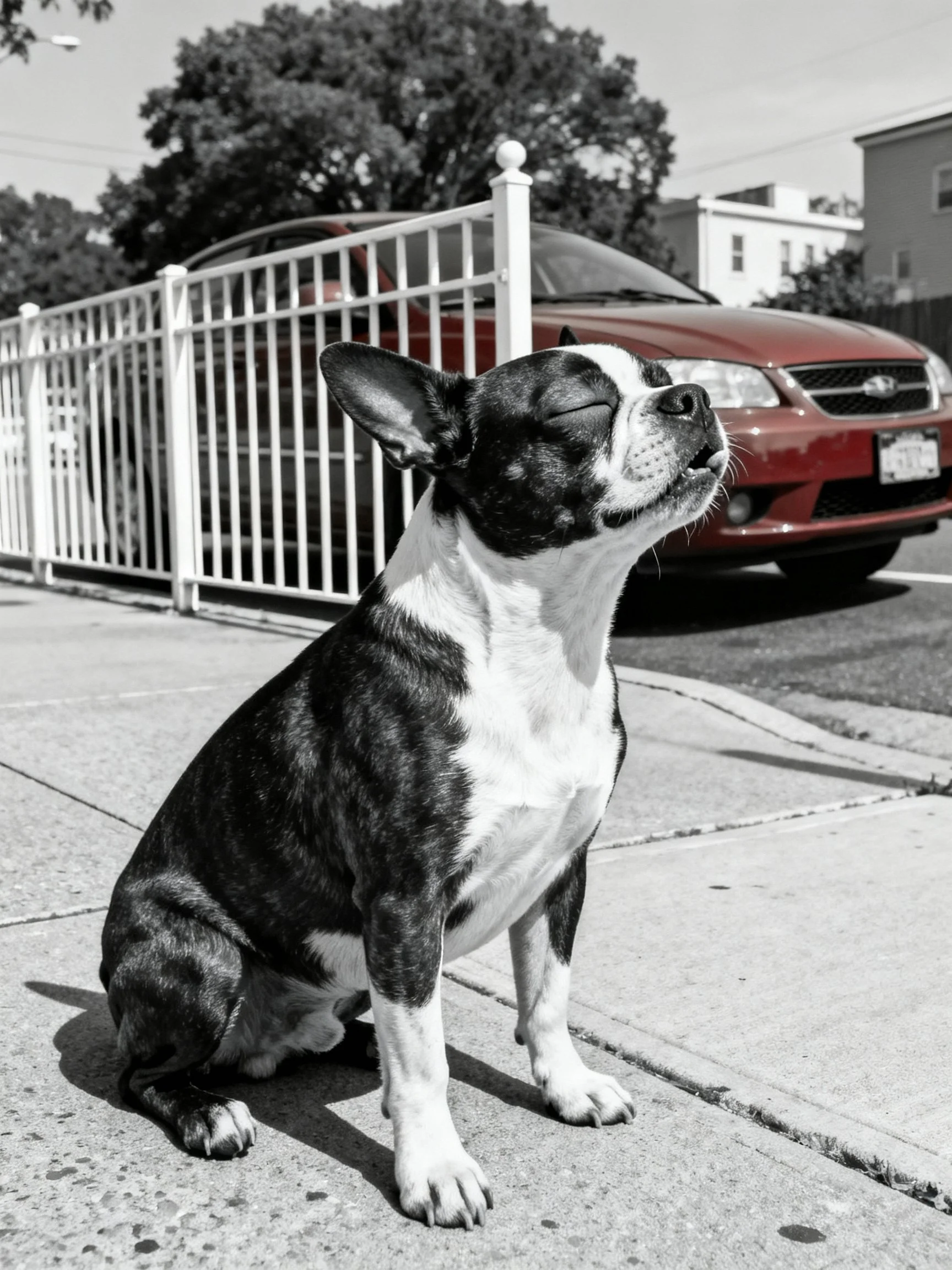 A black and white Boston Terrier sits on a sidewalk near a red car