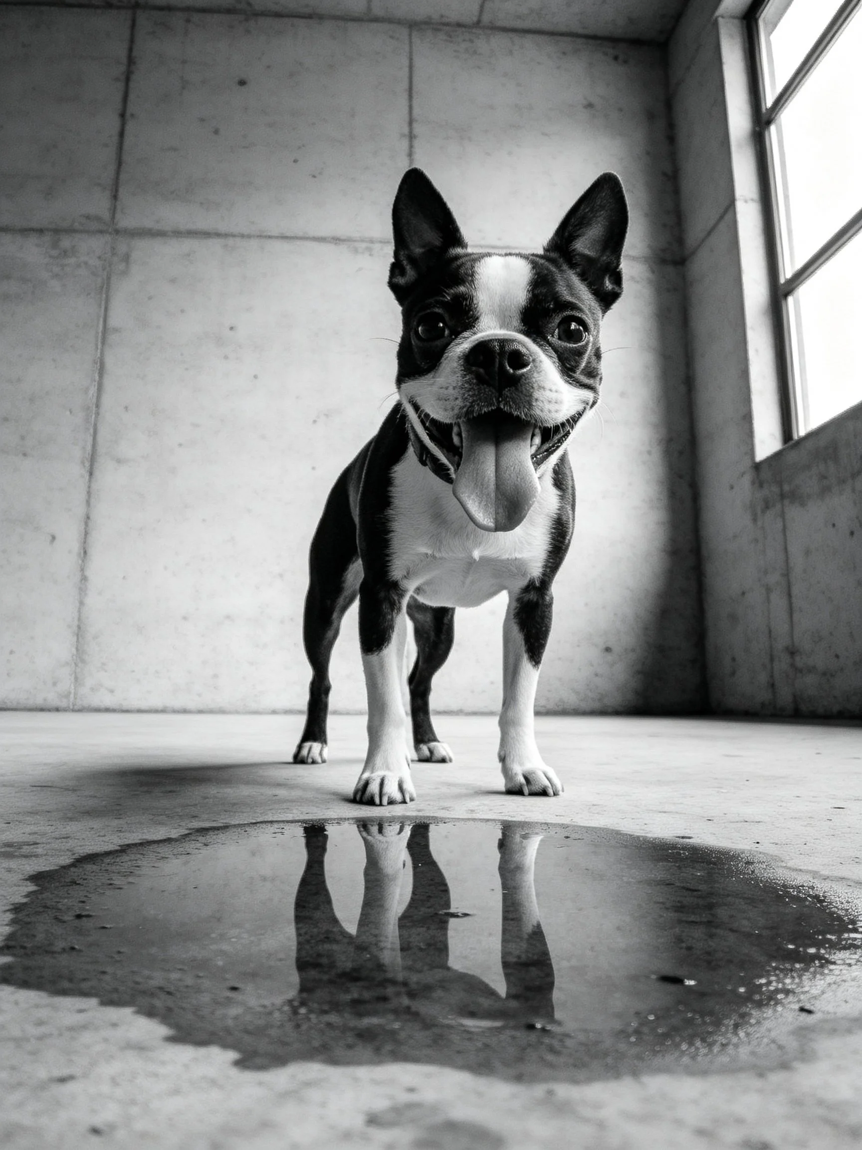 A black and white Boston Terrier stands near a puddle in an industrial concrete space