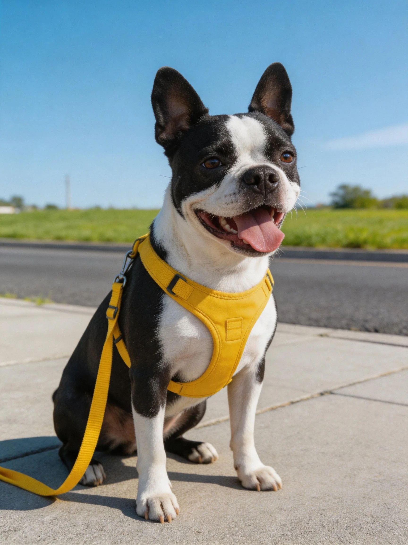 A black and white Boston Terrier in a yellow harness sits happily outside